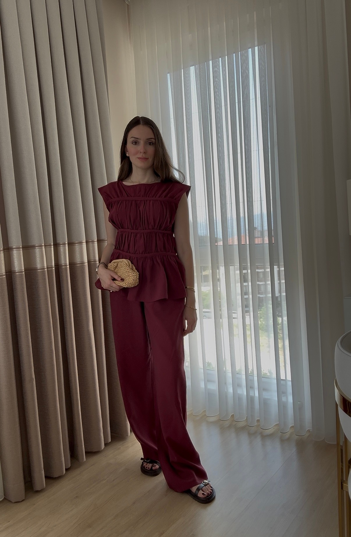 Tencel Kumaş Büzgülü Bluz Pantolon Takım - BORDO