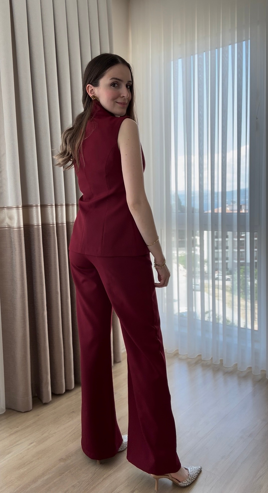 Gold Düğme Detaylı Yelek-Pantolon İkili Takım - BORDO