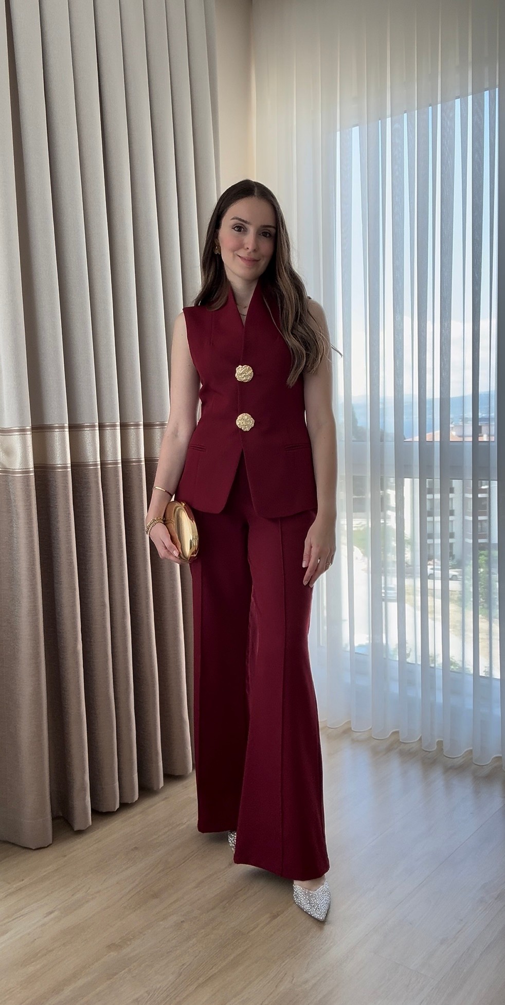 Gold Düğme Detaylı Yelek-Pantolon İkili Takım - BORDO