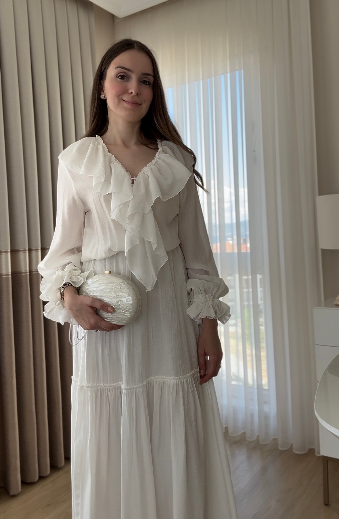 EKRU FIRFIR DETAYLI MAXİ ELBİSE LİSA