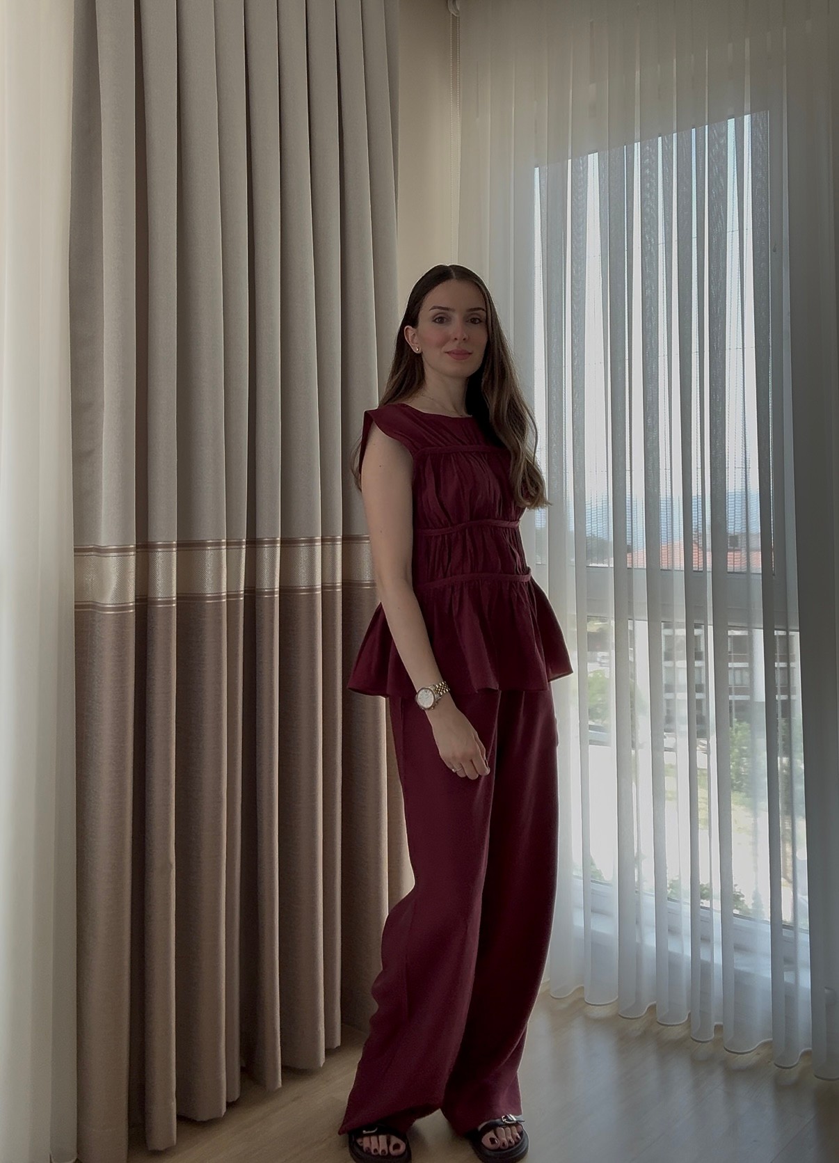 Tencel Kumaş Büzgülü Bluz Pantolon Takım - BORDO