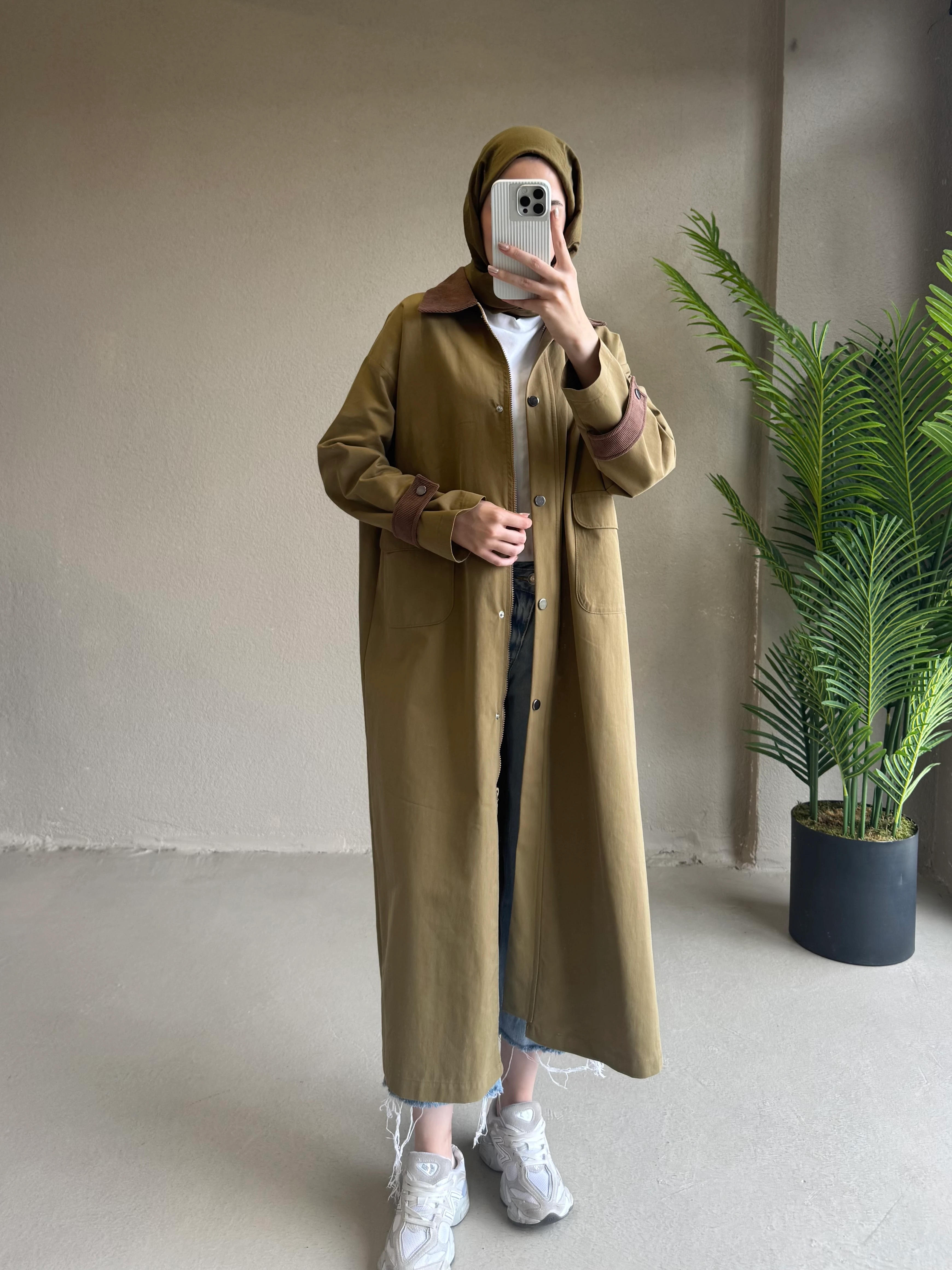 Kadife detay bloom trençkot - haki