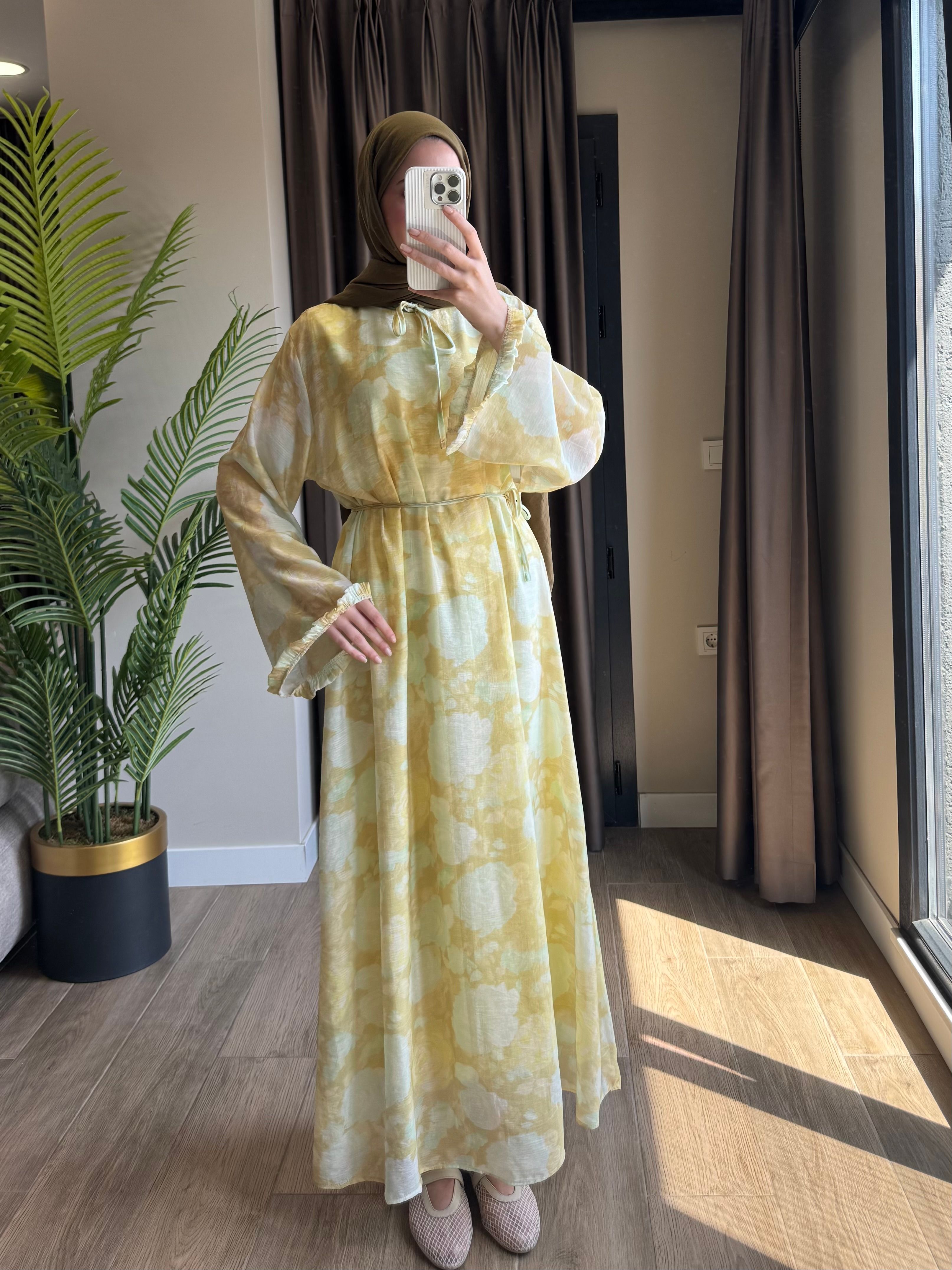 Tül floral elbise - yağyeşili