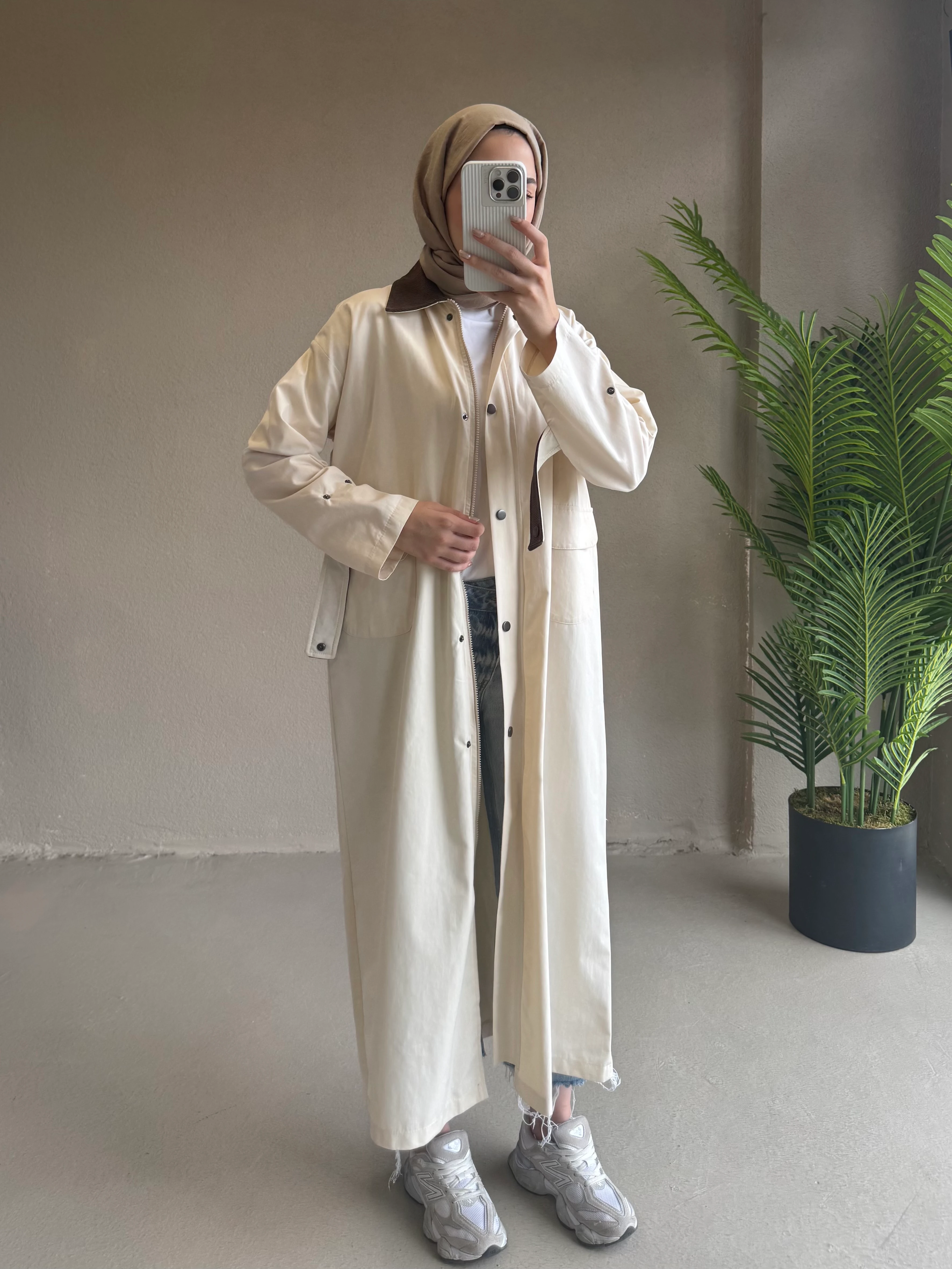 Kadife detay bloom trençkot - krem