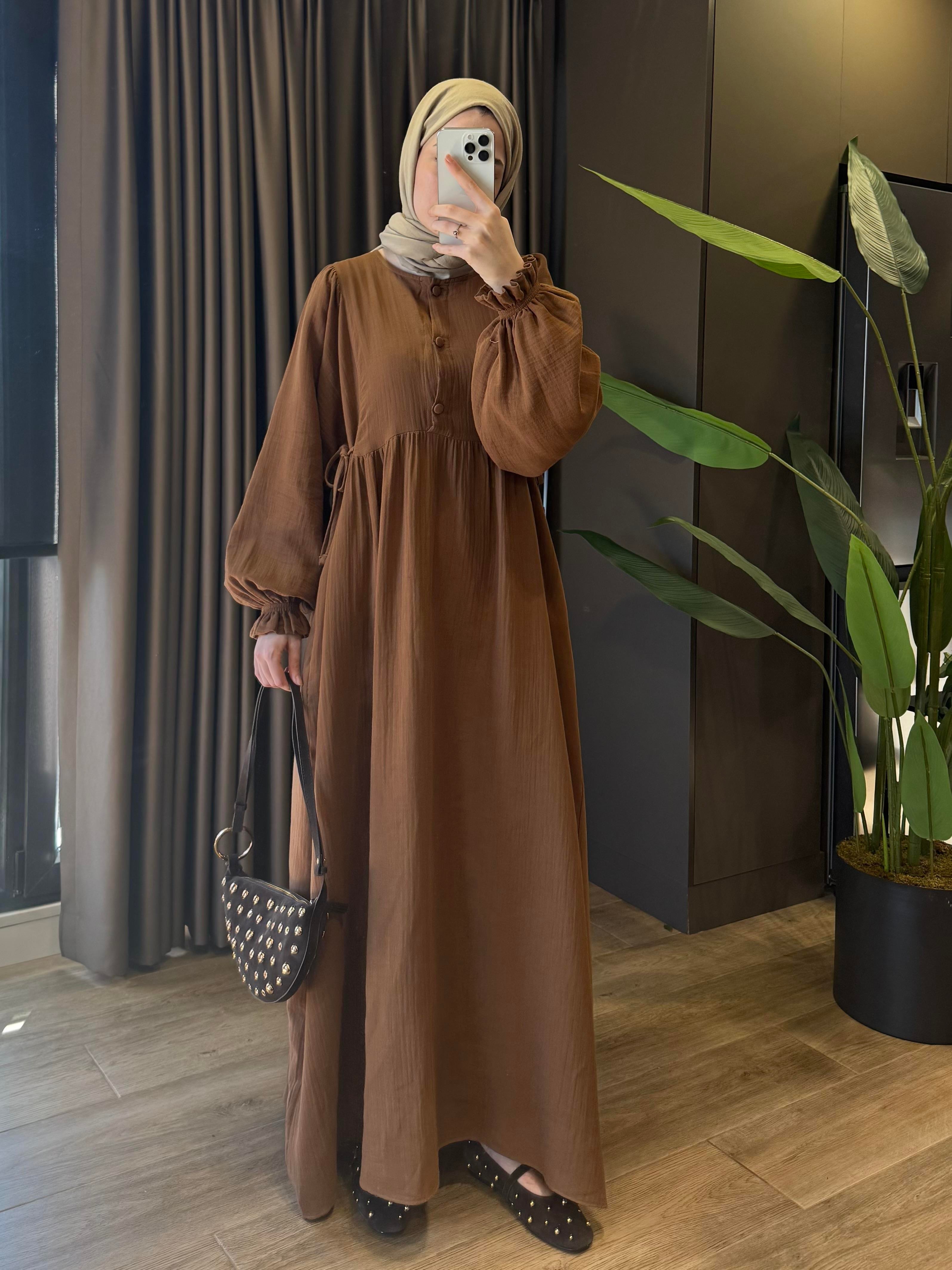 Bağlama Detay Müslin Elbise - taba