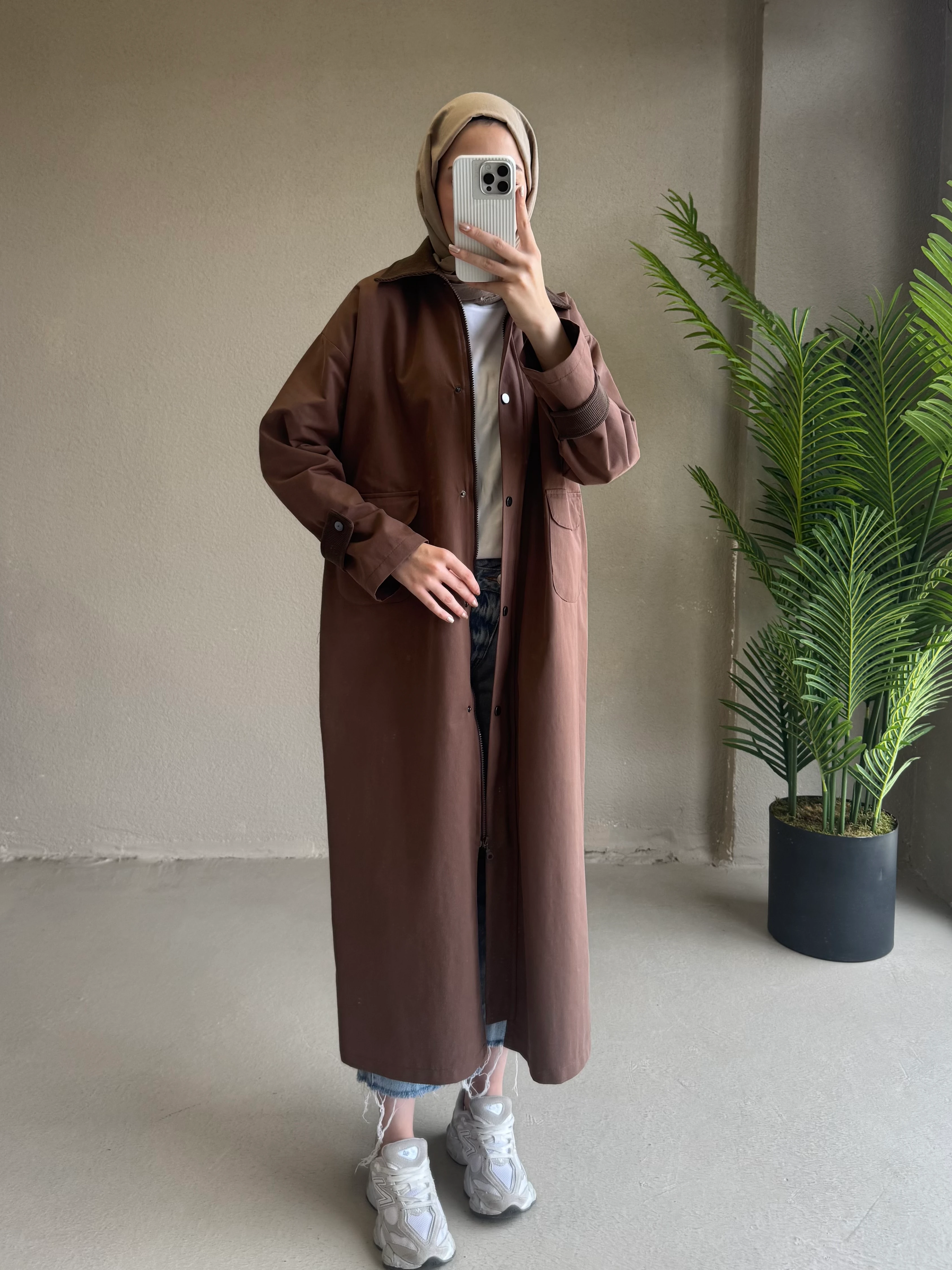 Kadife detay bloom trençkot - kahve