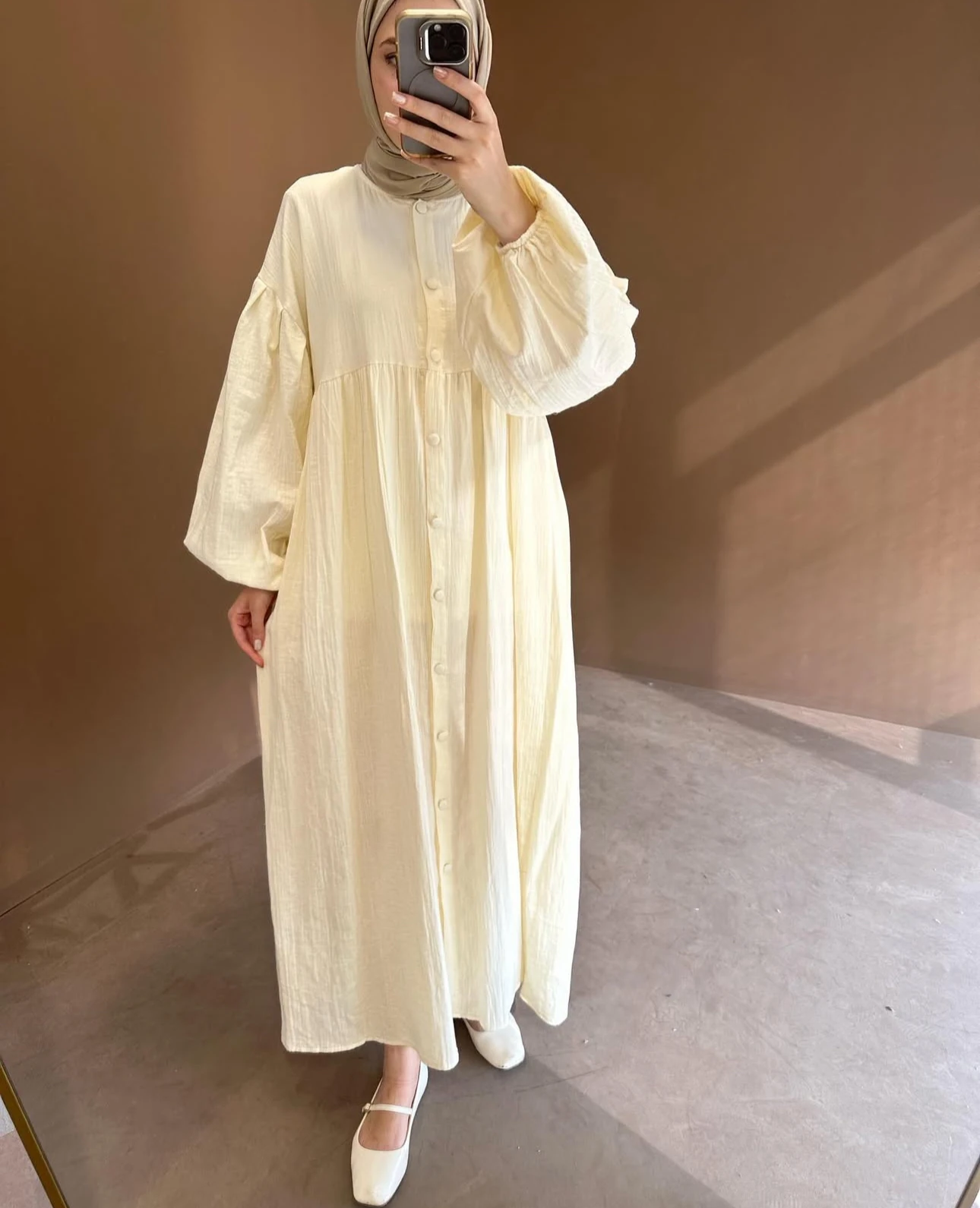 Düğmeli Müslin Elbise