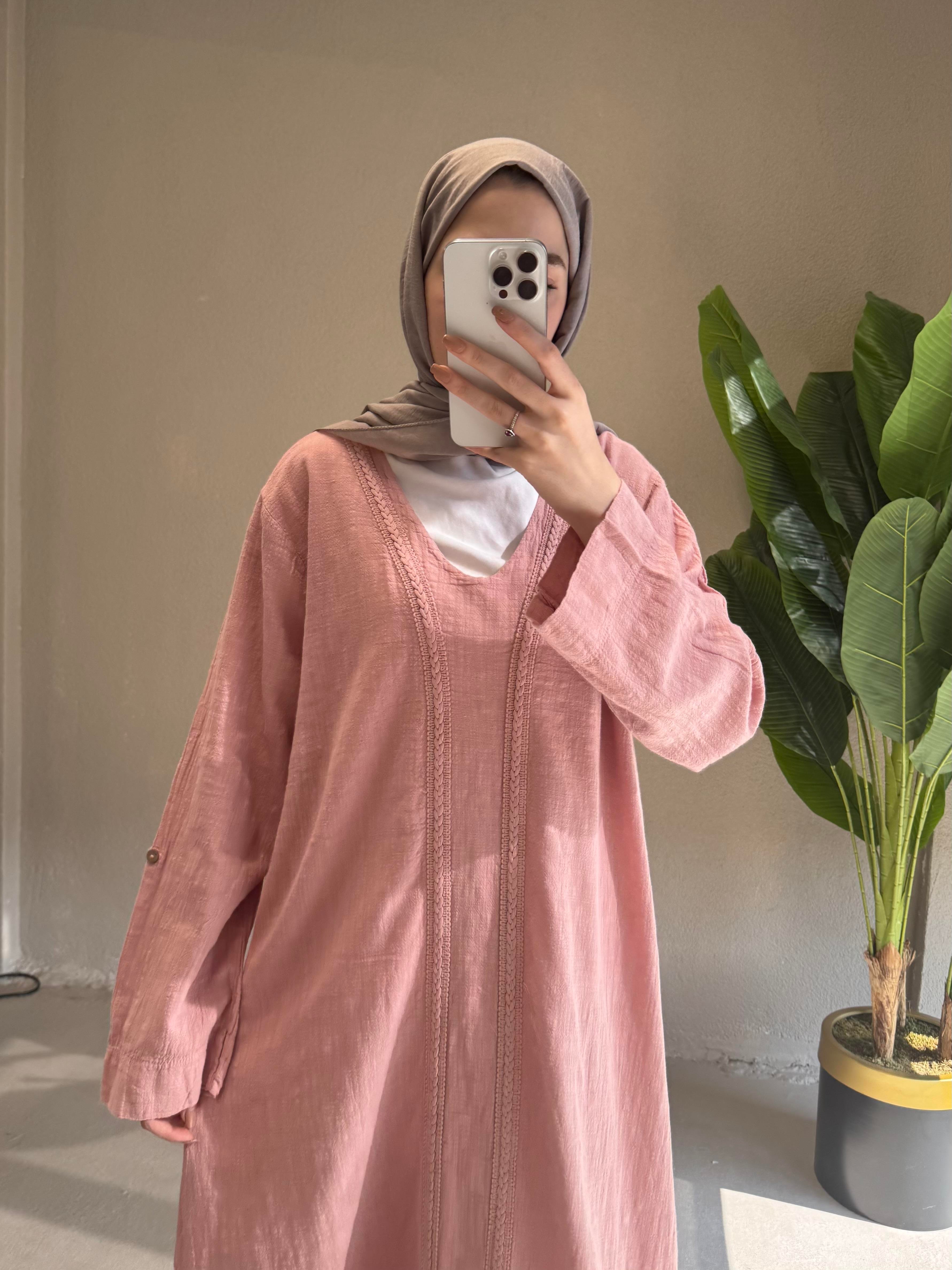 V Yaka Keten Elbise - pembe