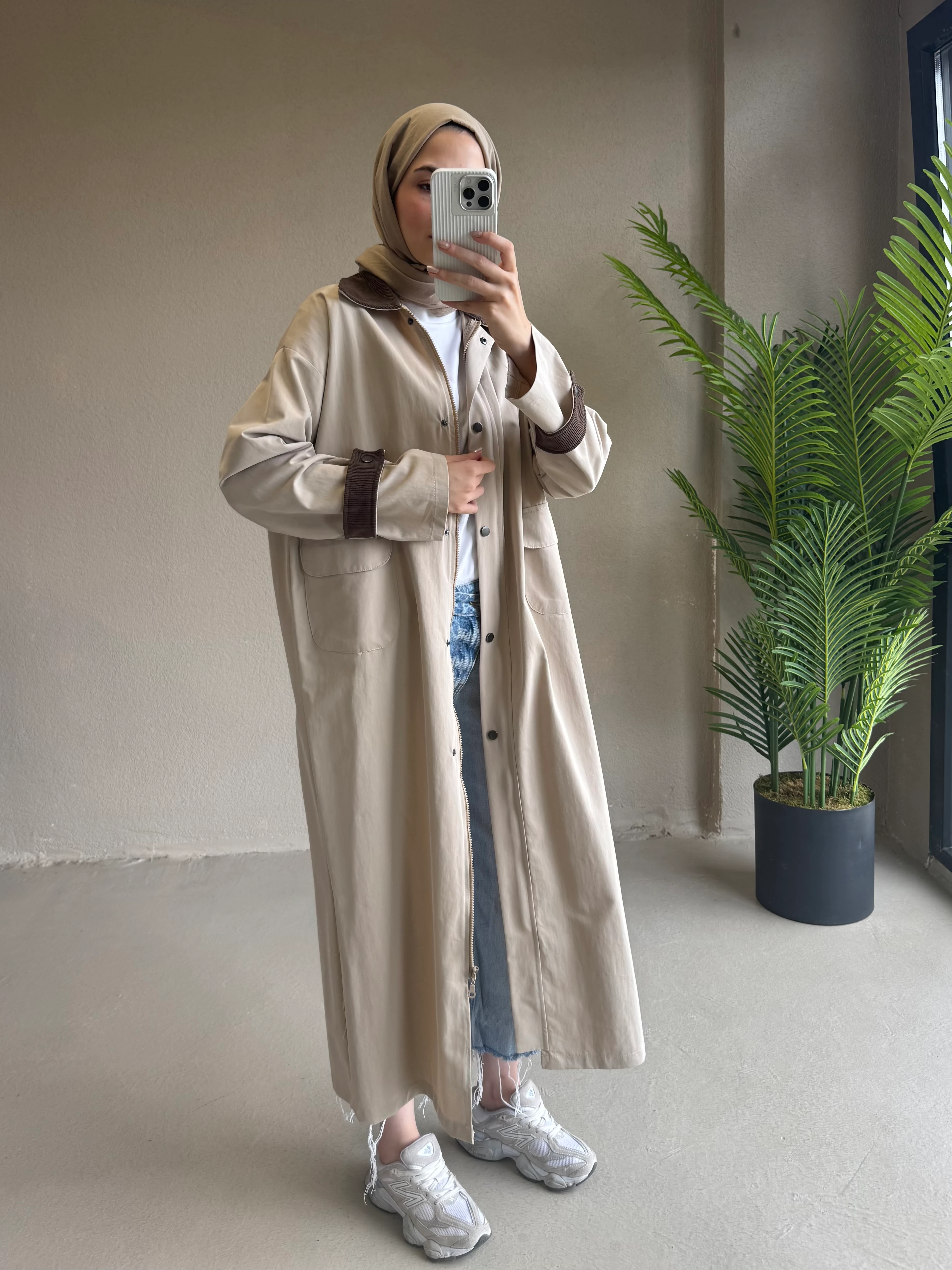 Kadife detay bloom trençkot - taş