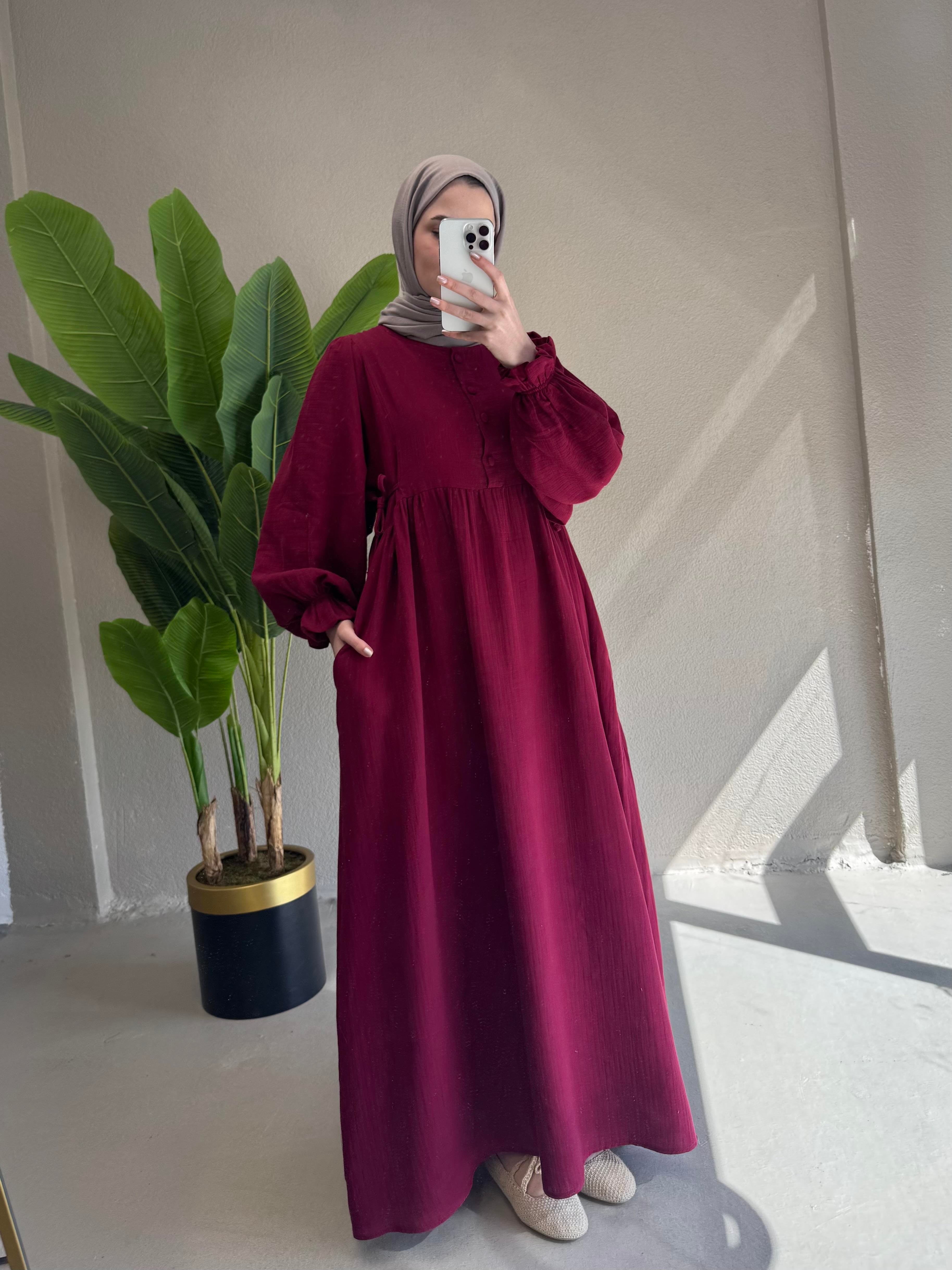 Bağlama Detay Müslin Elbise - bordo