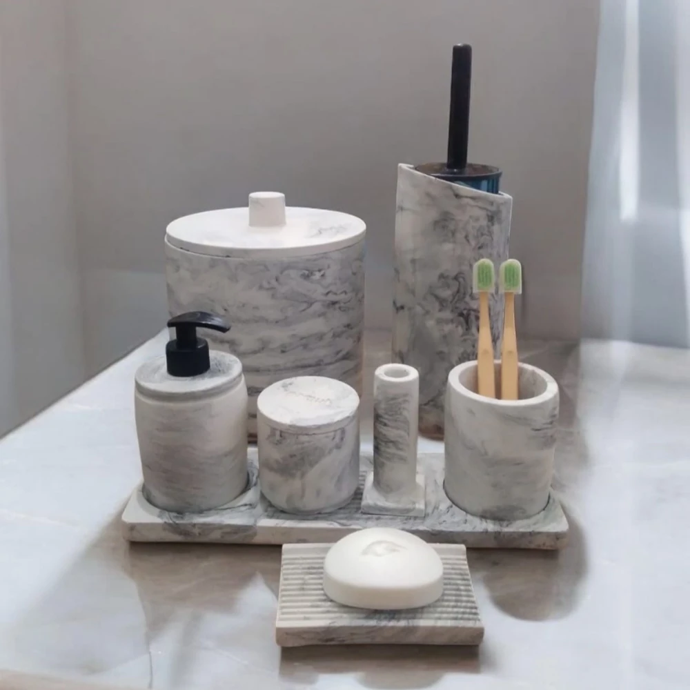 Mermer Desenli Tam Beton Banyo Seti Tuvalet Wc Sıvı Sabunluk Diş Fırçalığı Aksesuar Takım