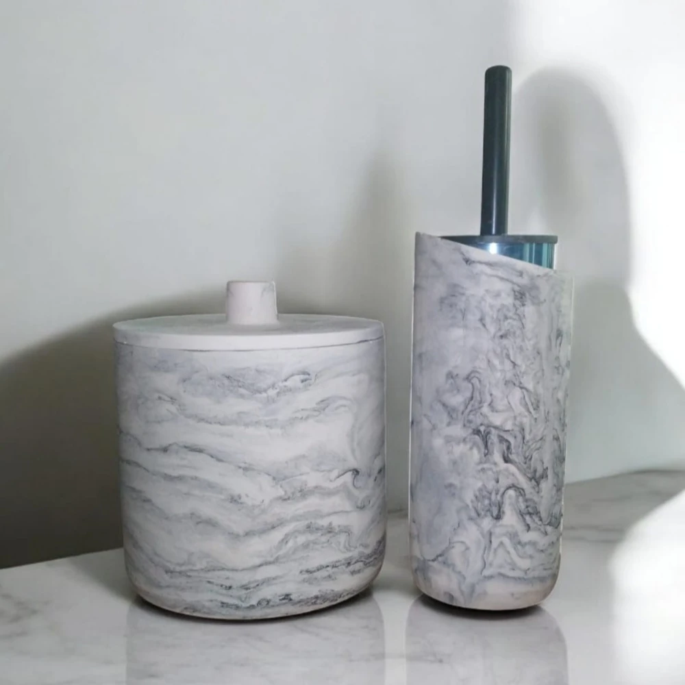 Mermer Desenli Beton Çöp Kovası Ve Wc Fırçalık Seti