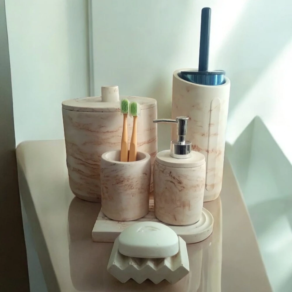 Mermer Desen Bej Beton Banyo Set,Tuvalet Fırçası,Çöp Kovası,Katı,Sıvı Sabunluk