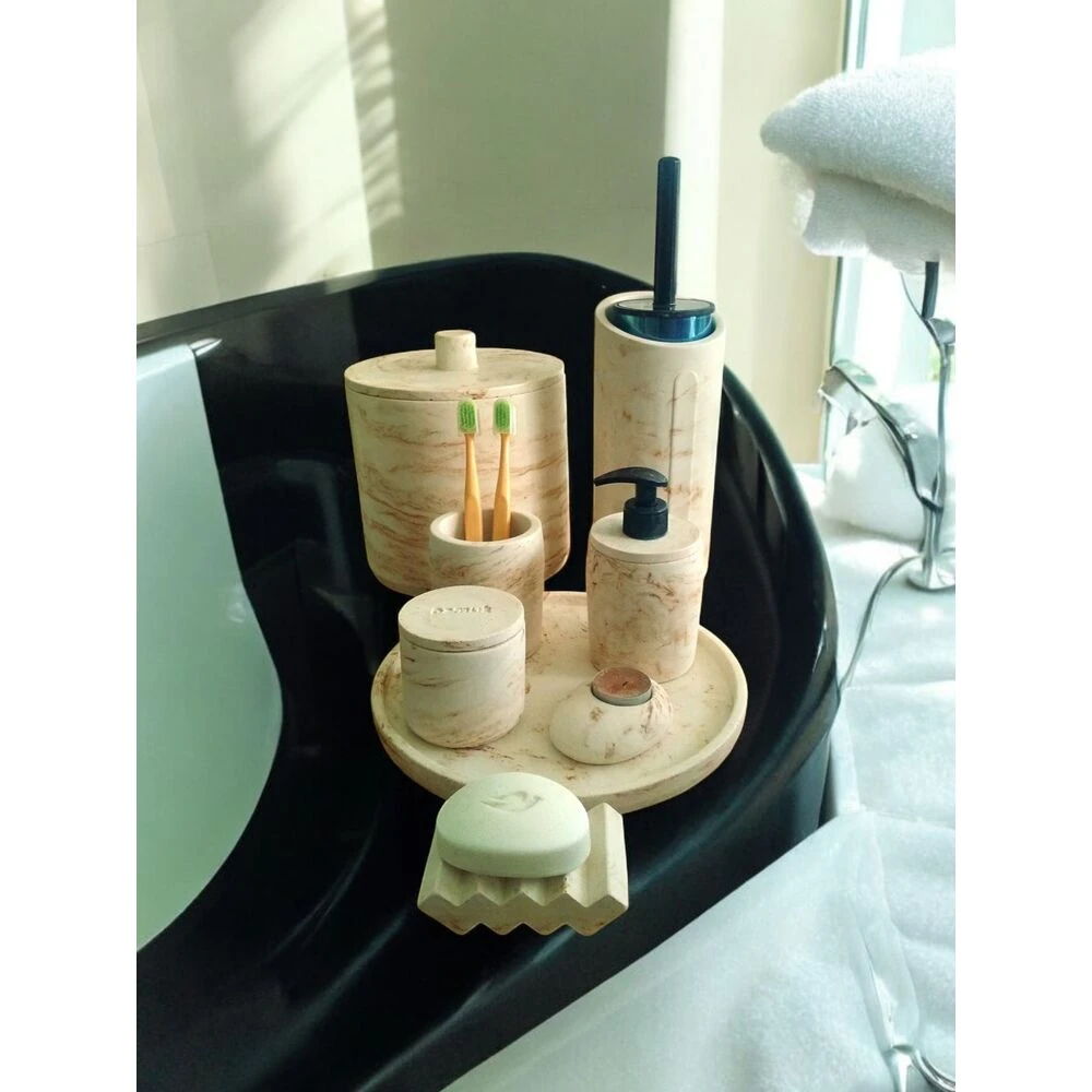 Bej Mermer Desen Tam Beton Banyo Seti