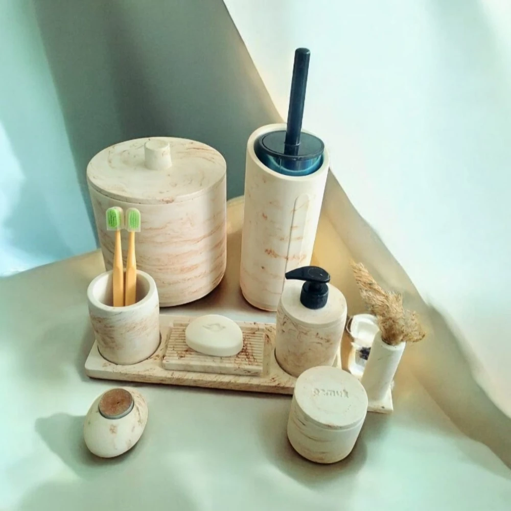 Bej Mermer Desen Tam Beton Banyo Seti Tuvalet Wc Sıvı Sabunluk Diş Fırçalığı Aksesuar Takım