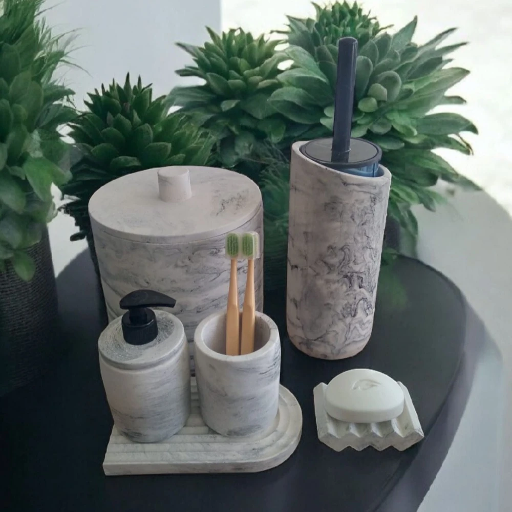 Mermer Serisi Gri Beton Banyo Seti,Çöp Kovasi,Tuvalet Fırçası Takim