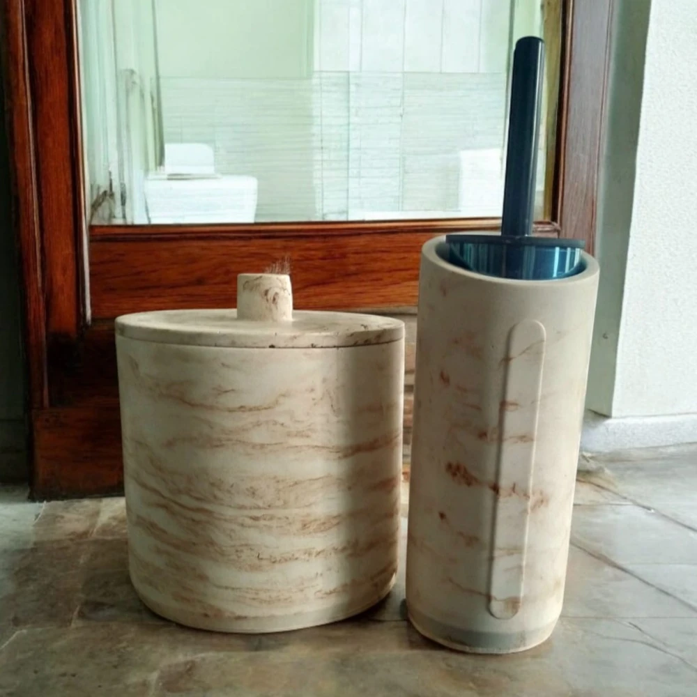 Mermer Desenli Bej Beton Çöp Kovası Ve Wc Fırçalık Seti