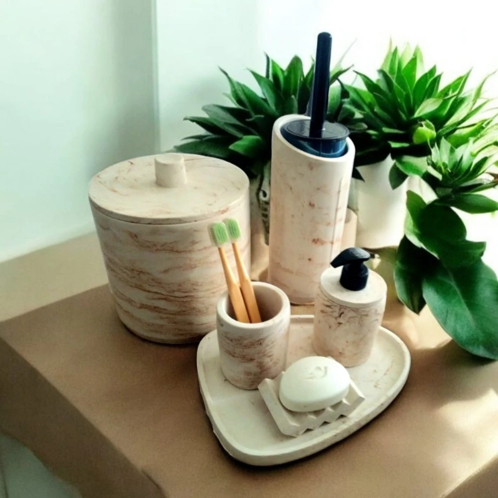 Bej Mermer Desen Tam Beton Banyo Seti,tuvalet Fırçası,çöp Kovası,katı,sıvı Sabunluk