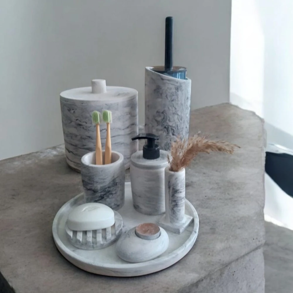 Mermer Desen Çöp Kovasi, Tuvalet Wc,sıvı,katı,sabunluk Diş Fırçalık Beton Banyo Seti