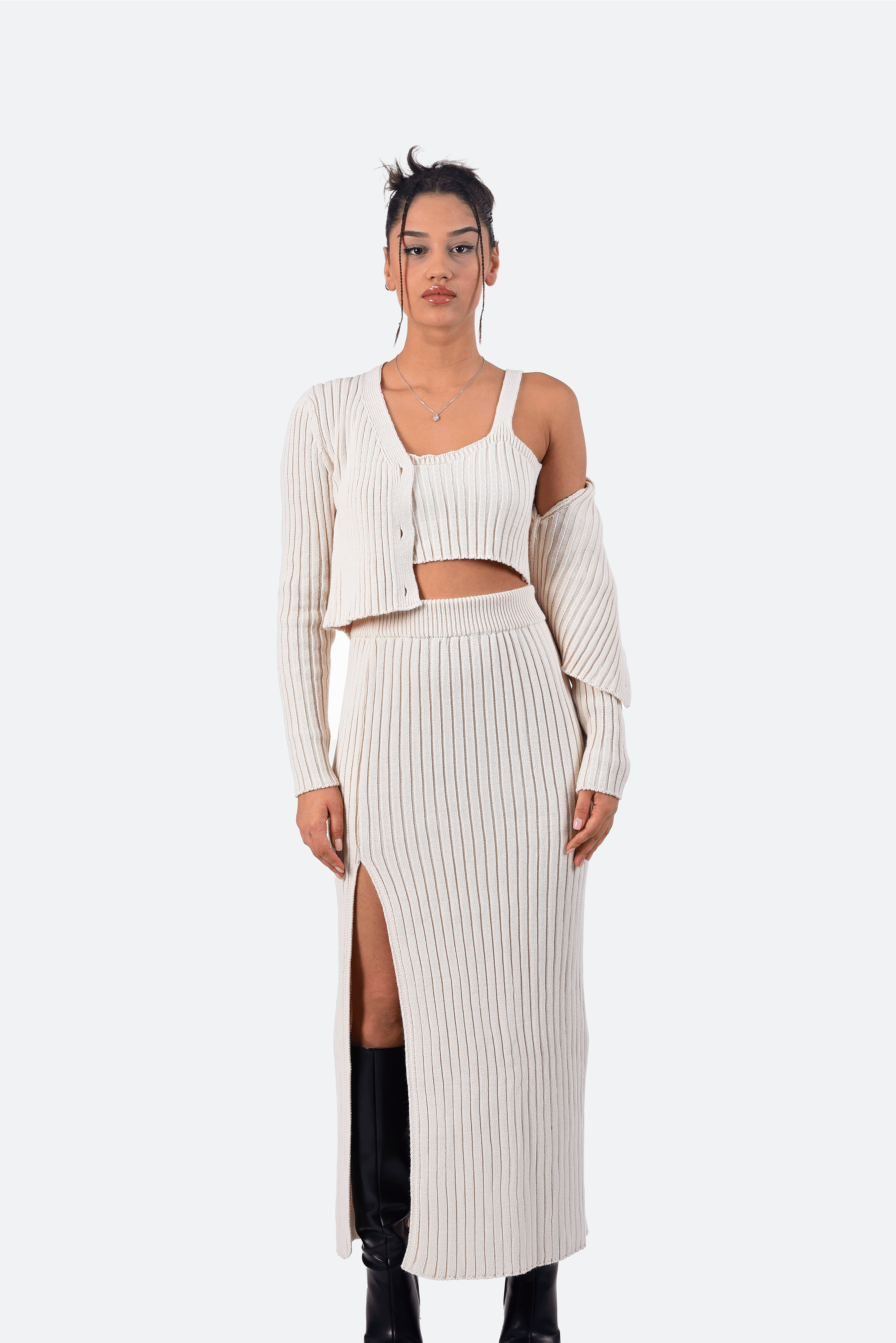 RIB-KNIT TOP, CROP KNIT JACKET AND SLIT MIDI SKIRT SET