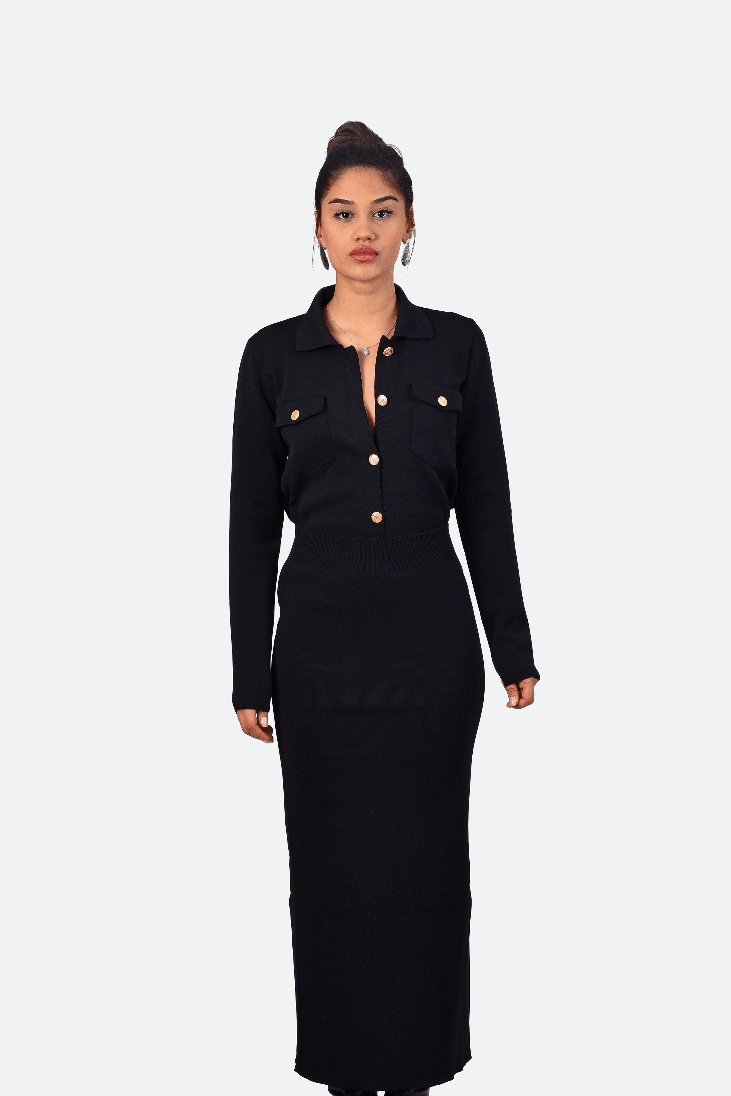 POLO NECK CARDIGAN AND LONG SKIRT SET