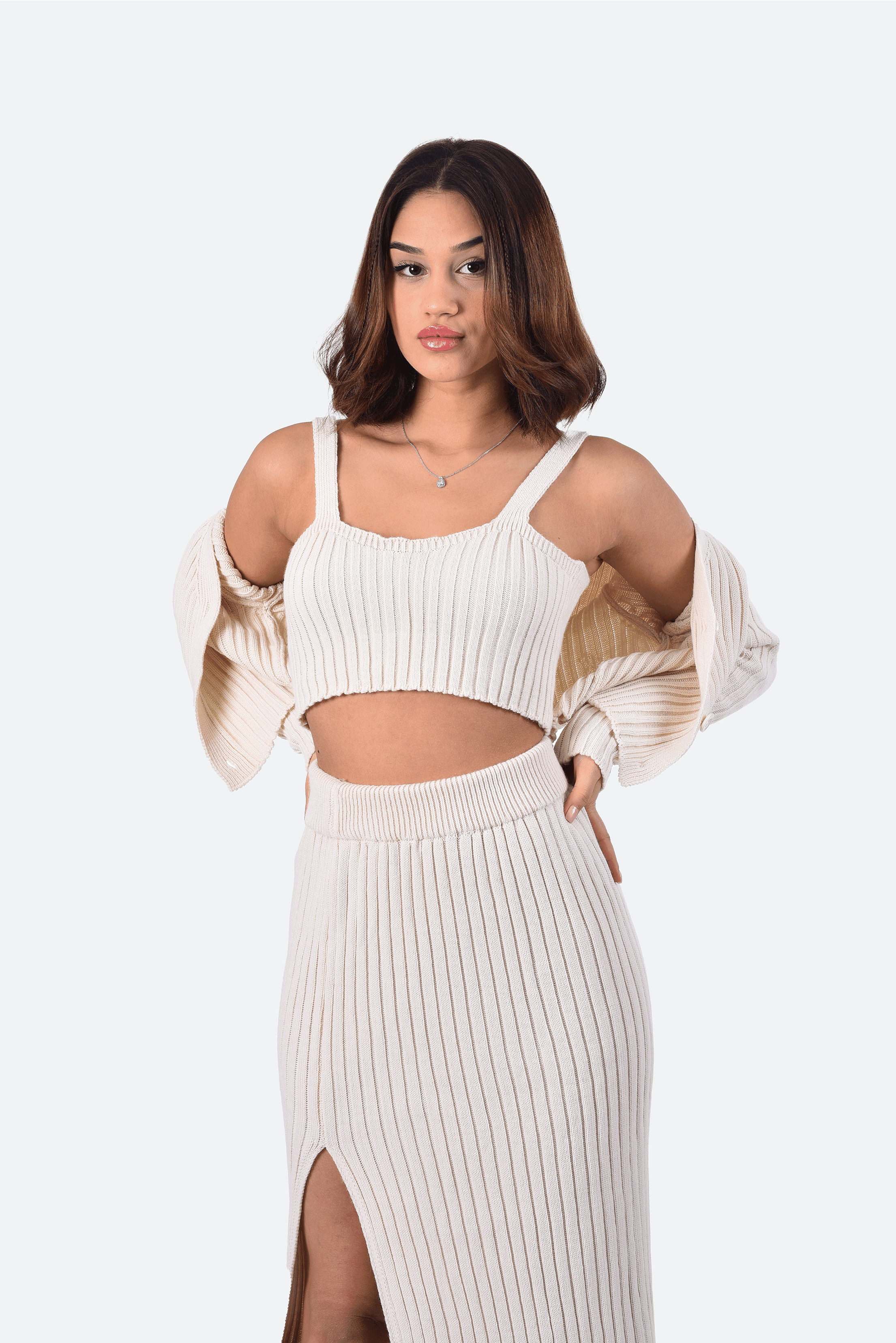 RIB-KNIT TOP, CROP KNIT JACKET AND SLIT MIDI SKIRT SET