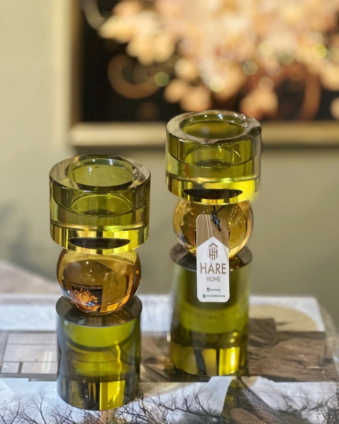 Bal Küre Detaylı Zeytin Yeşili Cam Mumluk
