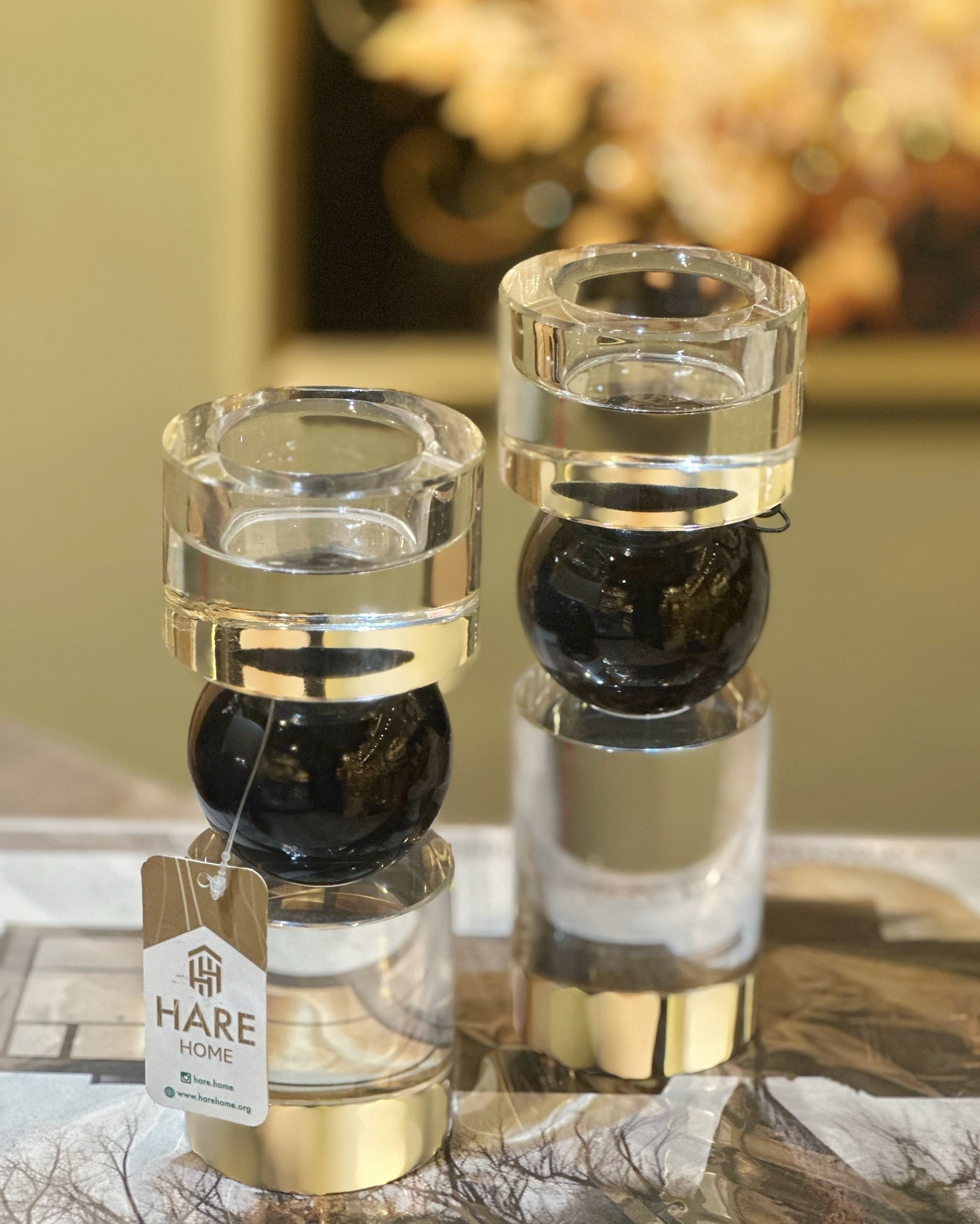 Siyah Küre Detaylı Kristal Şeffaf Cam Mumluk