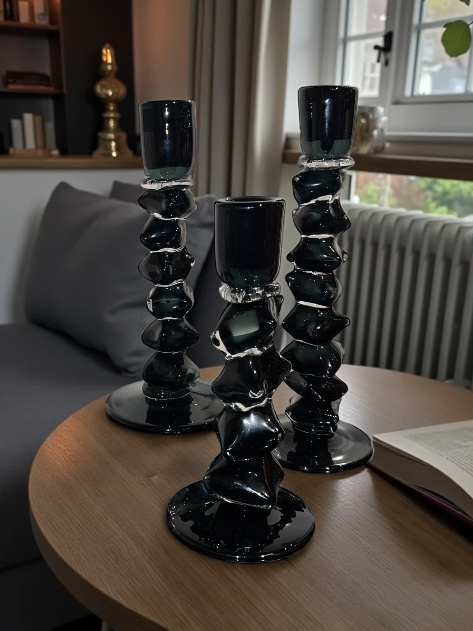 Domino Üçlü Cam Şamdan Mumluk - Siyah