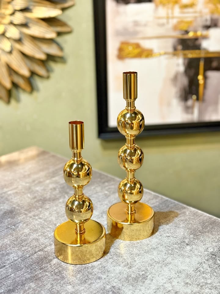 Top Formlu Dekoratif İkili Şamdan - Gold