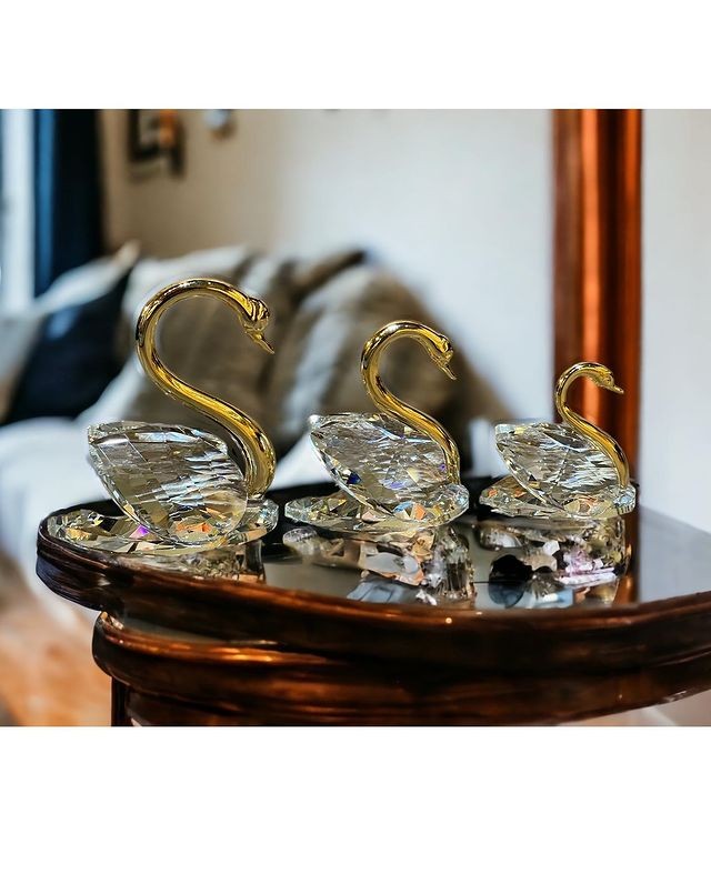 Üçlü Kristal Cam Kuğu Gold