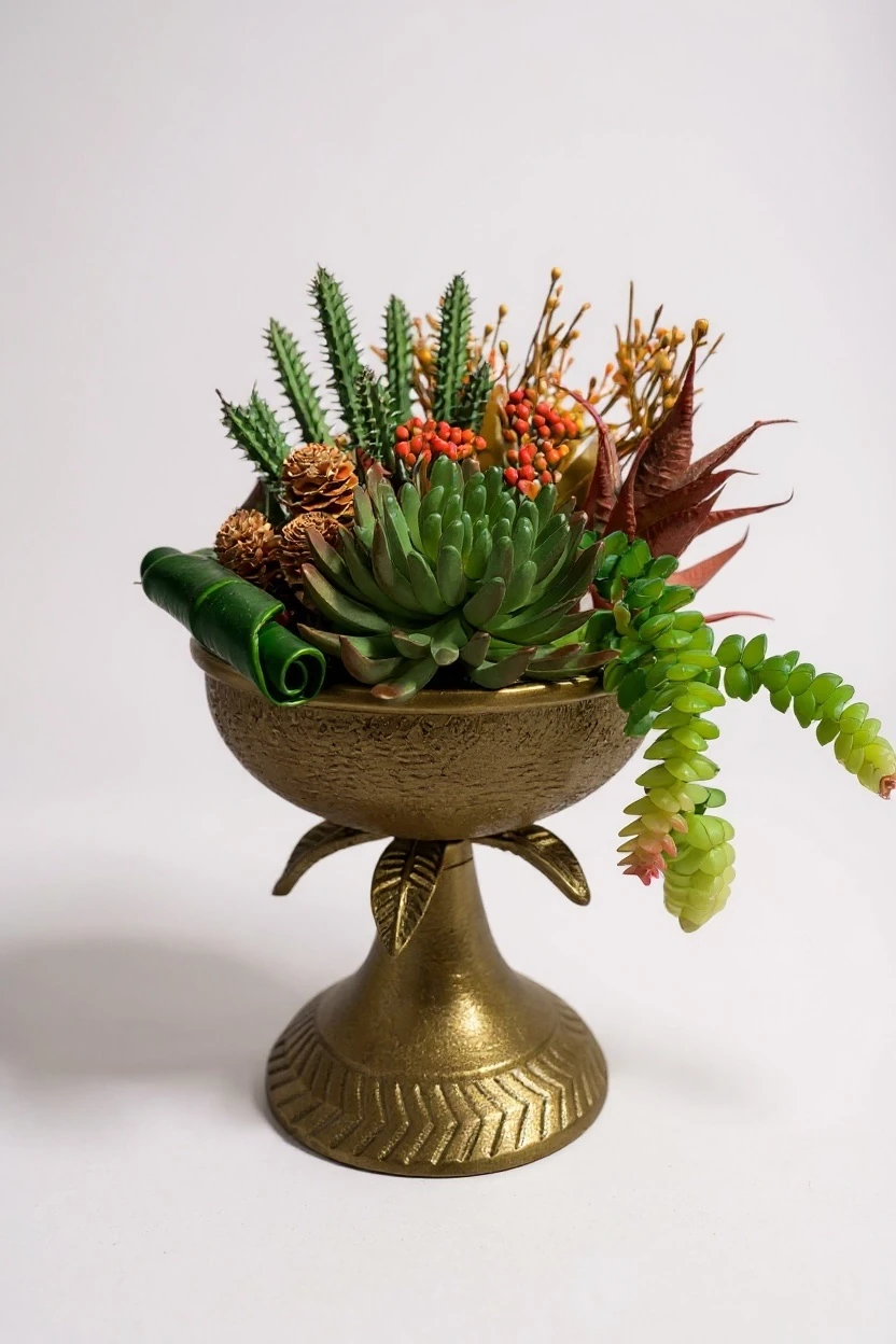 Yaprak Detaylı Döküm Vazoda Sukulent Aranjmanı