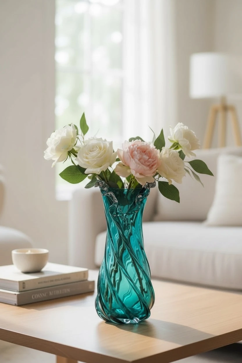 Dekoratif Spiral Turkuaz Cam Vazo