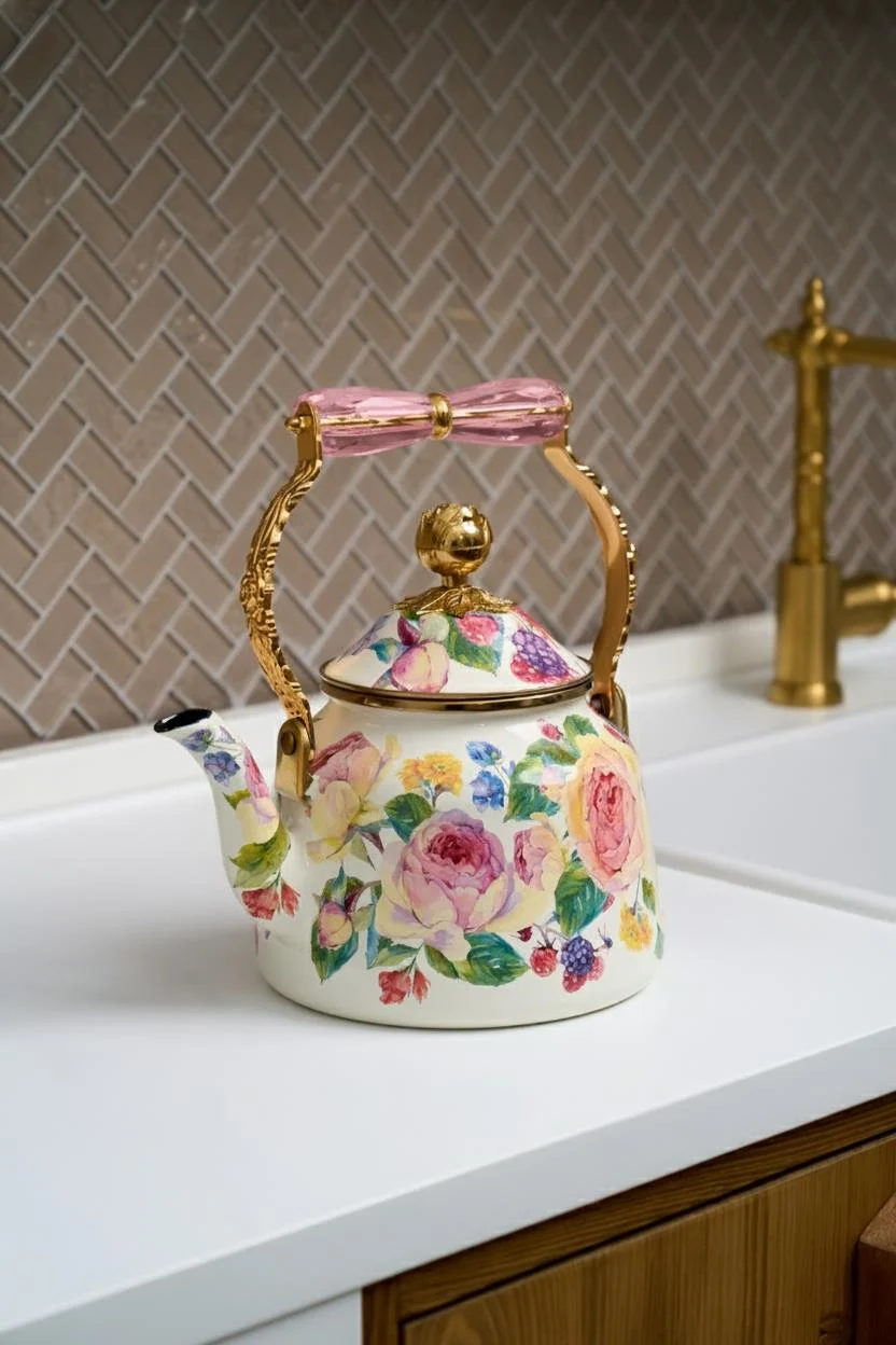 Rose Deluxe Gül Desenli Emaye Kettle Demlik