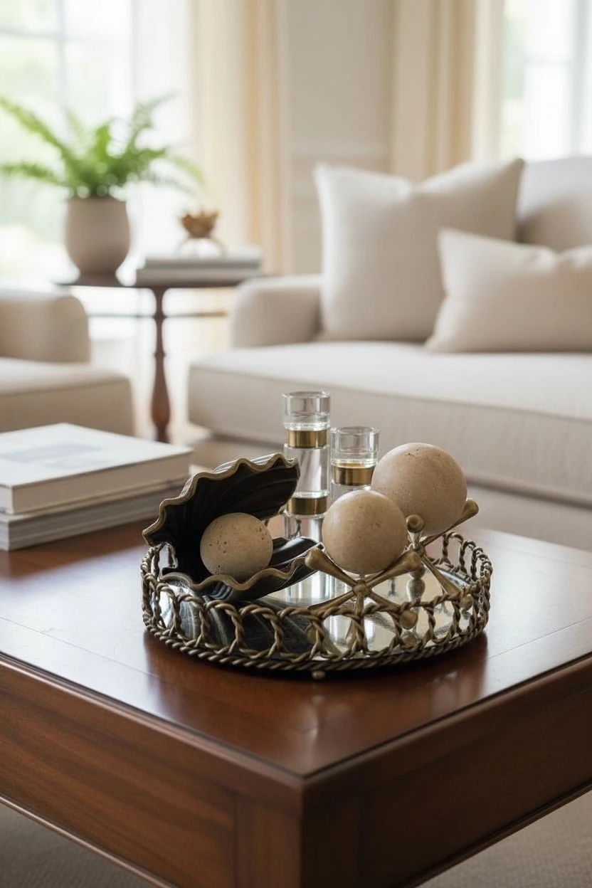 Traverten Aksesuarlı Dekoratif Aynalı Tepsi Seti - Eskitme