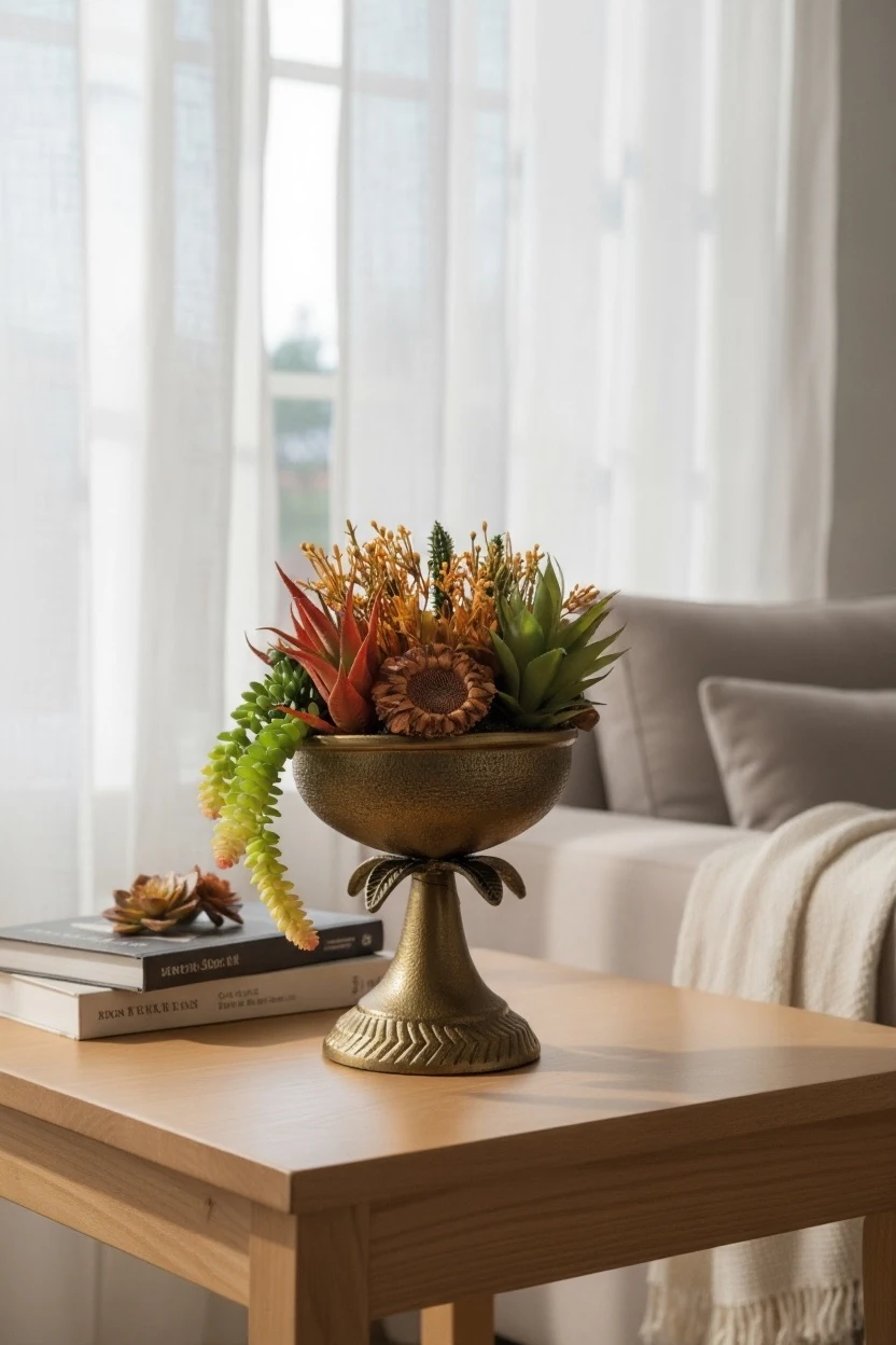 Yaprak Detaylı Döküm Vazoda Sukulent Aranjmanı