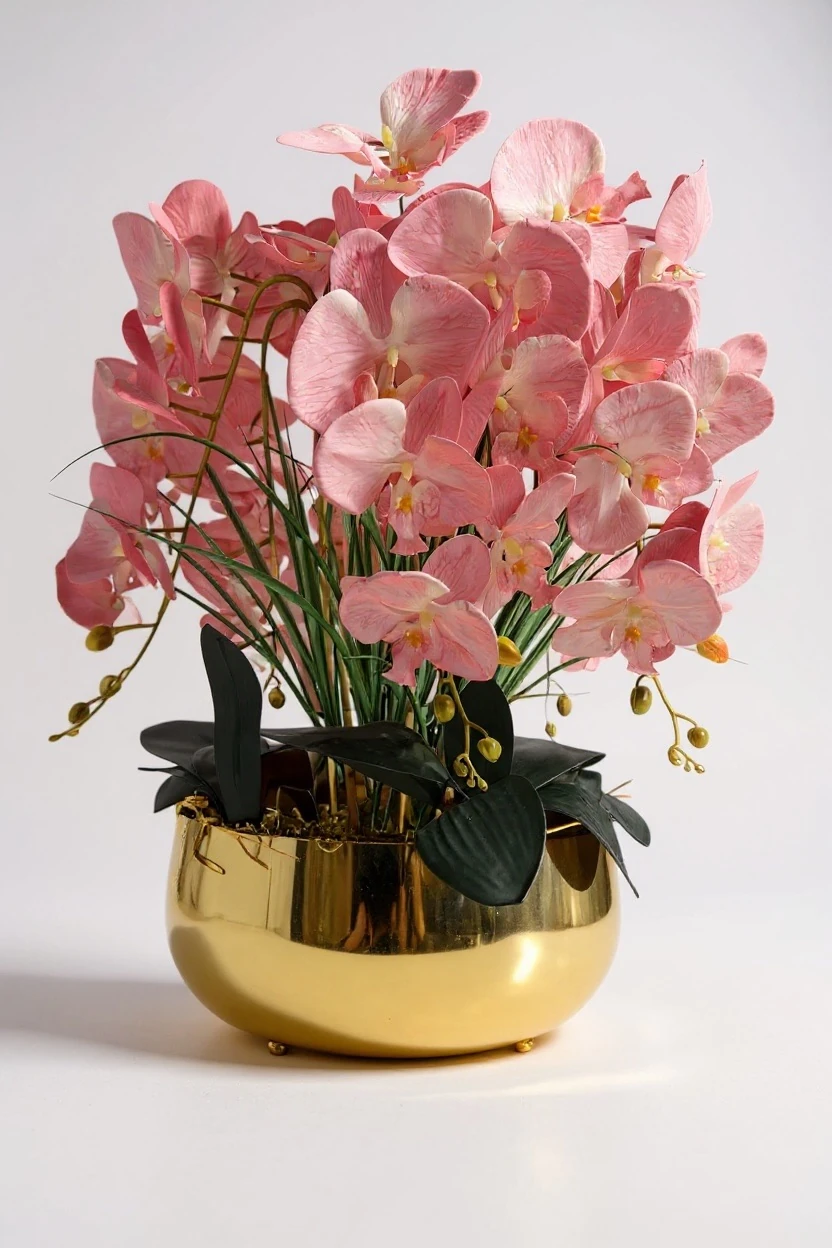Gold Saksılı Pembe Yapay Orkide Aranjmanı
