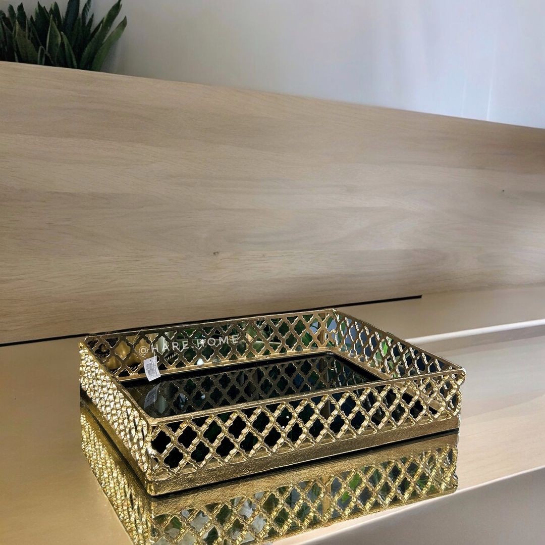 Dekoratif Dikdörtgen Döküm Tepsi Gold