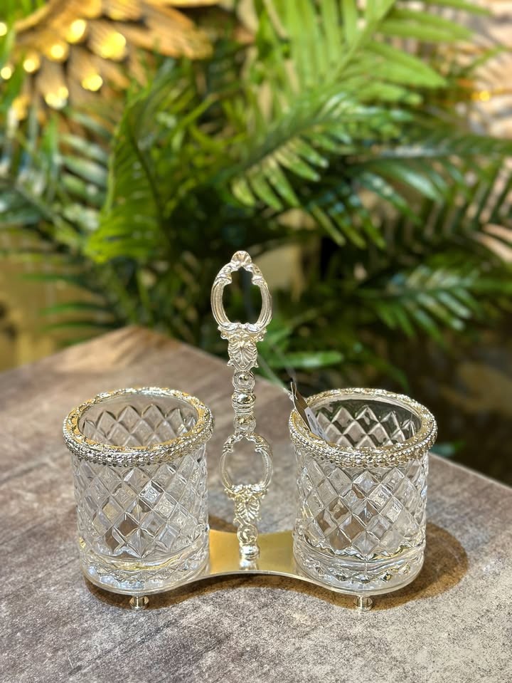 İki Bölmeli Cam Kaşıklık - Gümüş