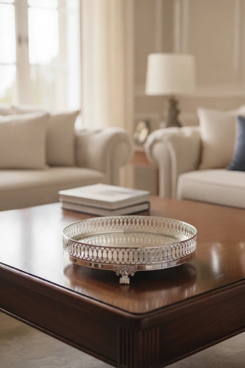 Saray Motifli Dekoratif Yuvarlak Tepsi - Gümüş