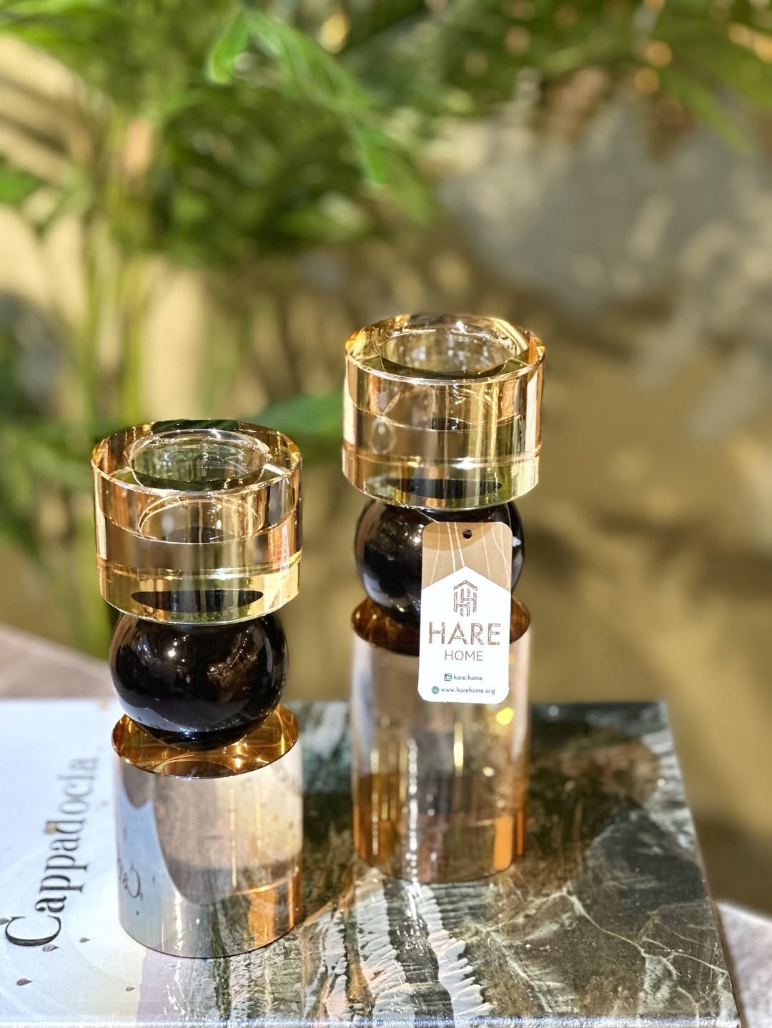 Siyah Küre Detaylı Bal Kristal Cam Mumluk