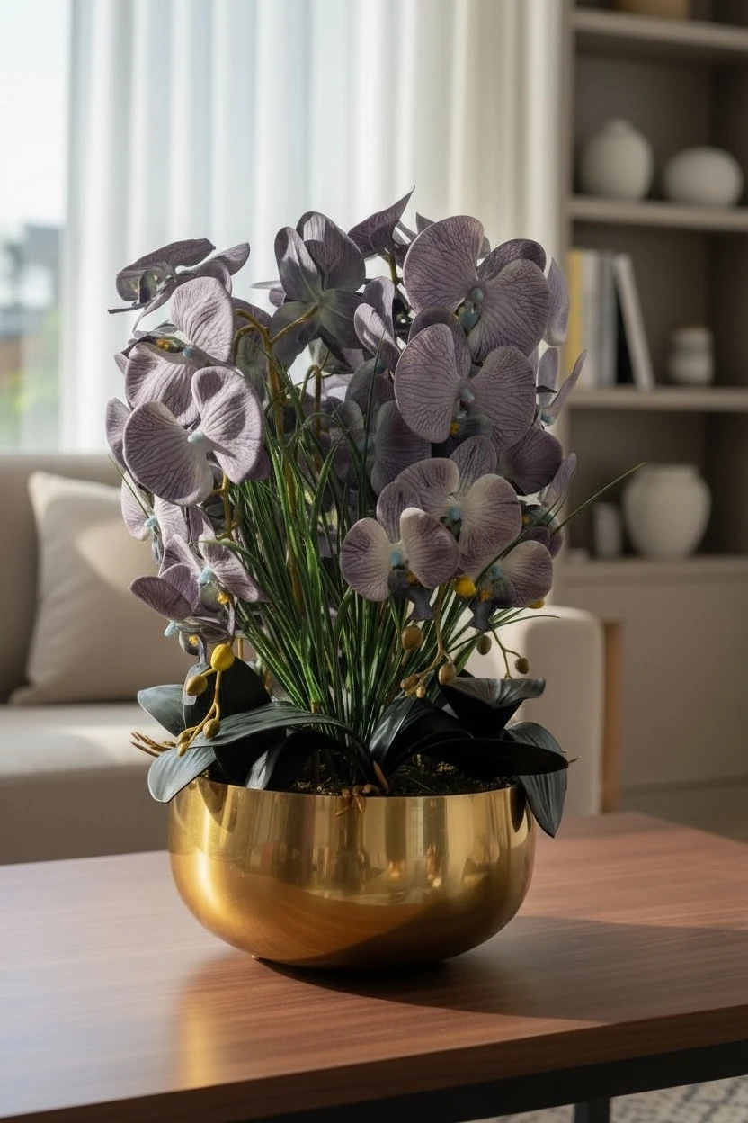 Eskitme Saksılı Mor Yapay Orkide Aranjmanı