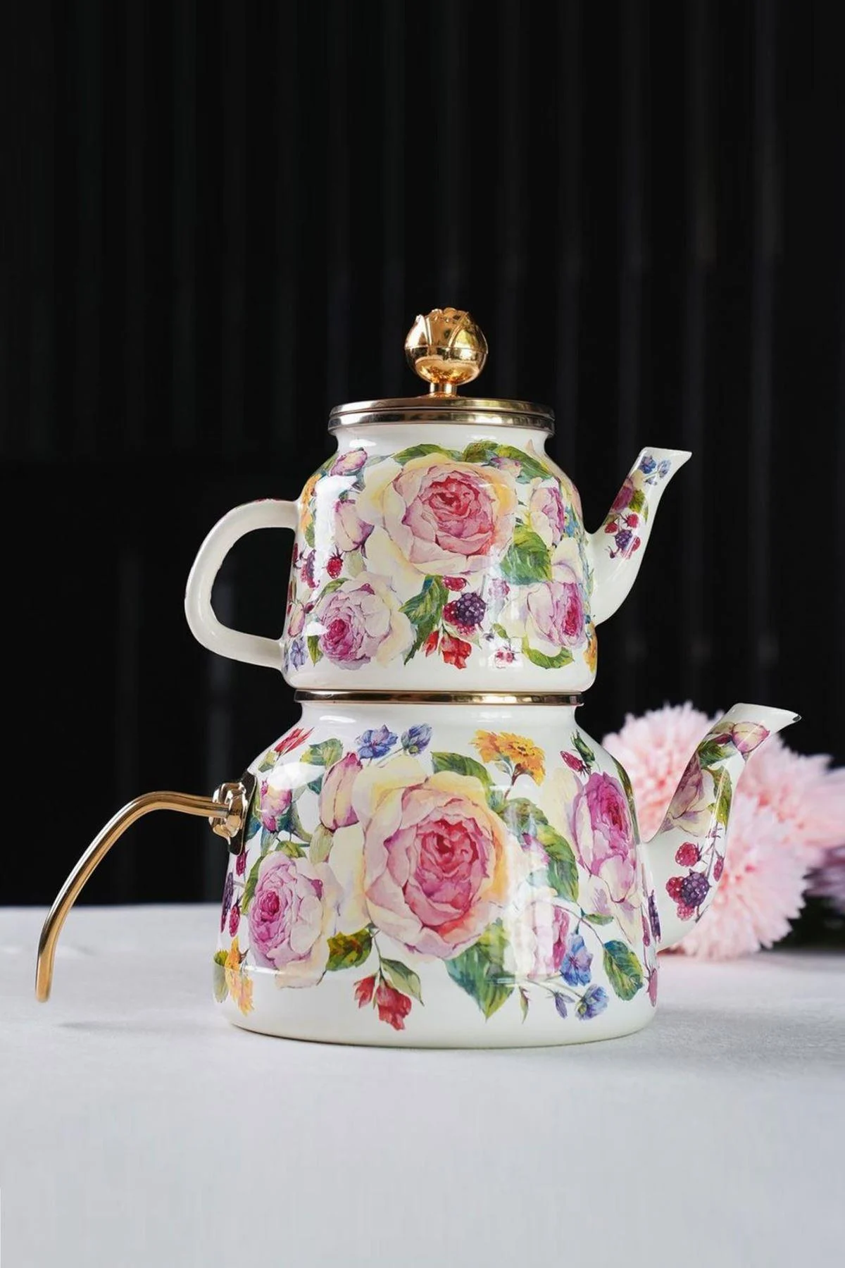 Rose Deluxe Gül Desenli Emaye Çaydanlık