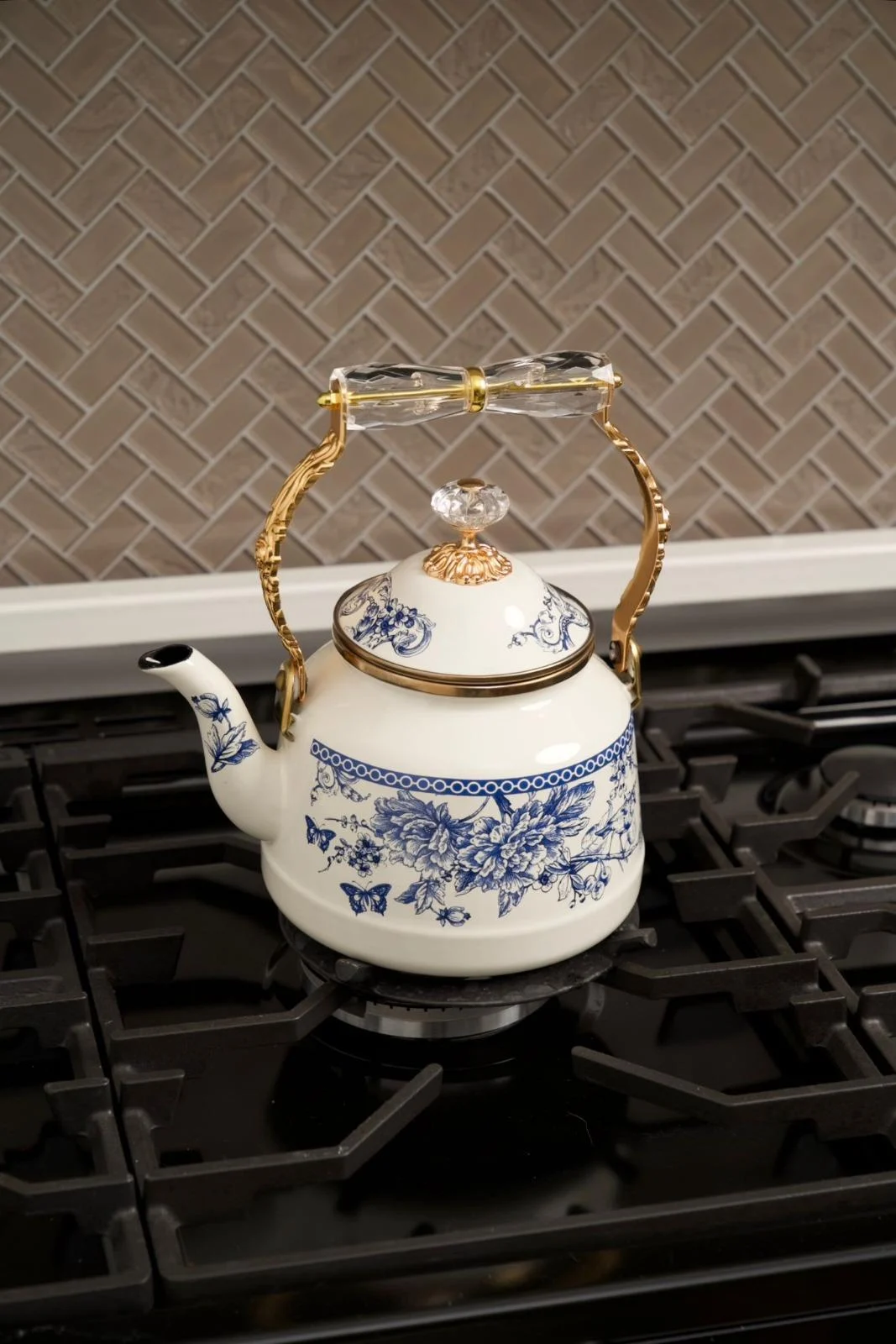 Blue Life Çiçek Desenli Emaye Kettle Demlik