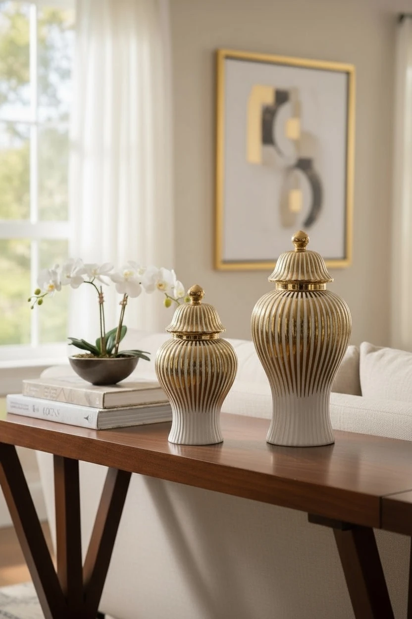 Gold Dikey Şeritli Lüks Seramik Küp