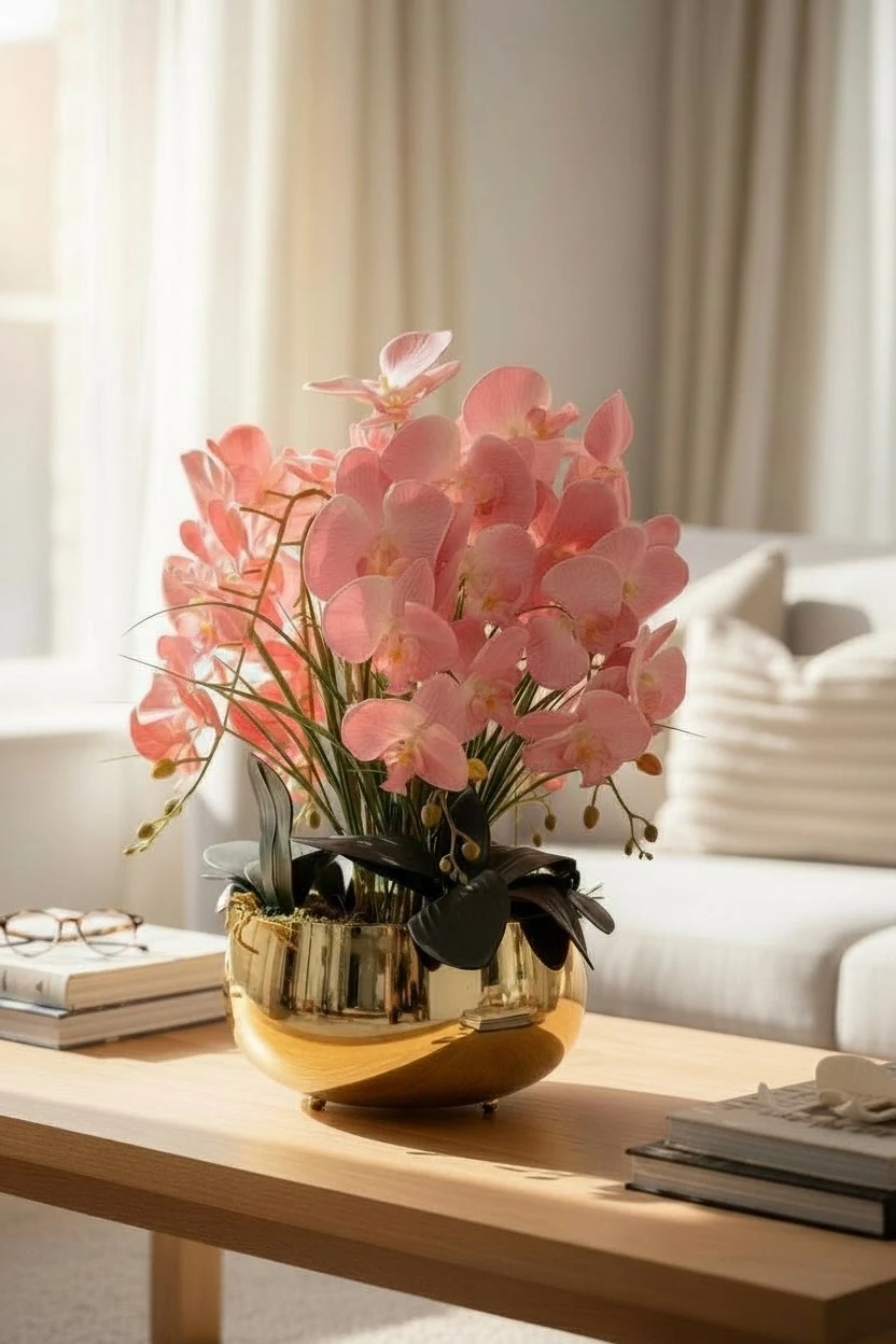 Gold Saksılı Pembe Yapay Orkide Aranjmanı