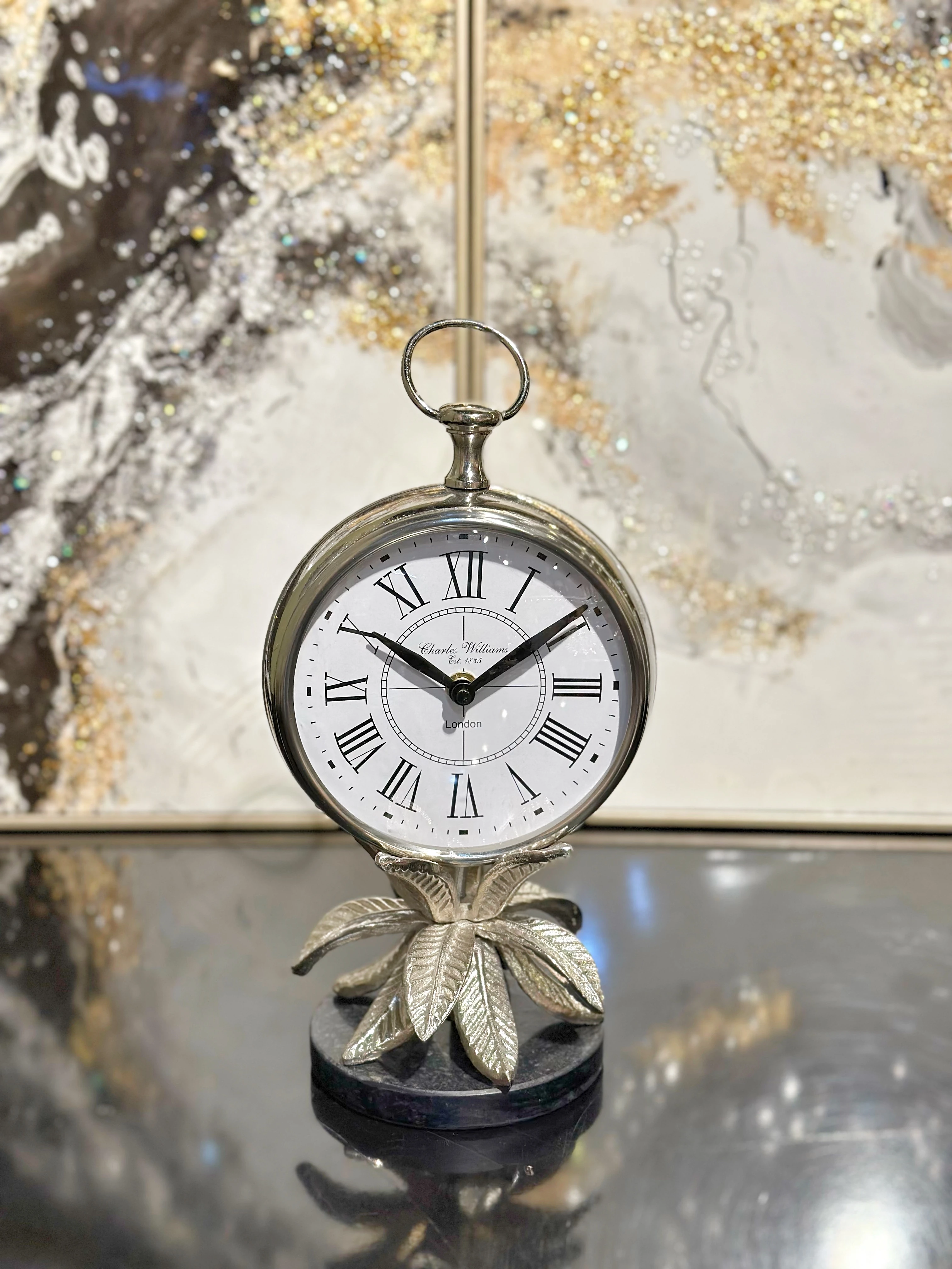 Dekoratif Yaprak Masa Saati - Gümüş