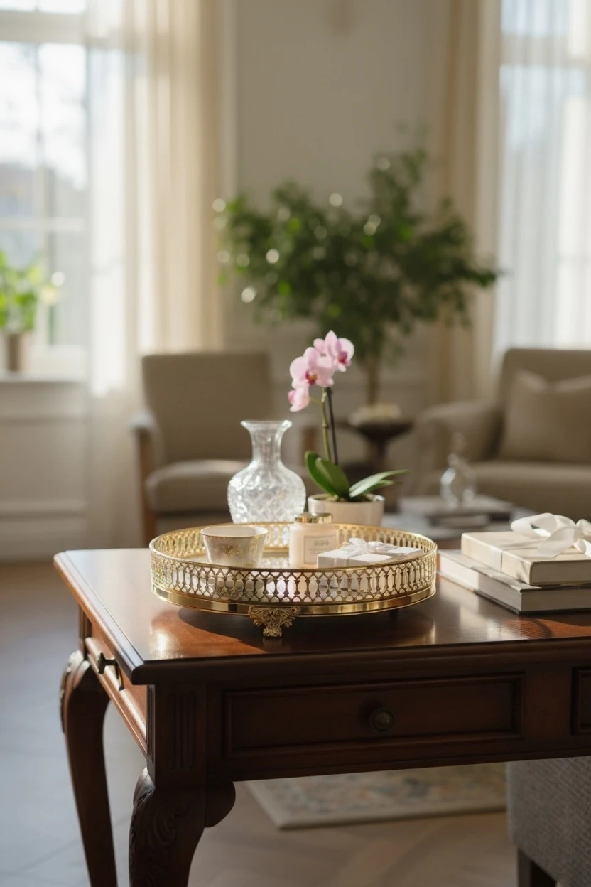 Saray Motifli Dekoratif Yuvarlak Tepsi - Gold