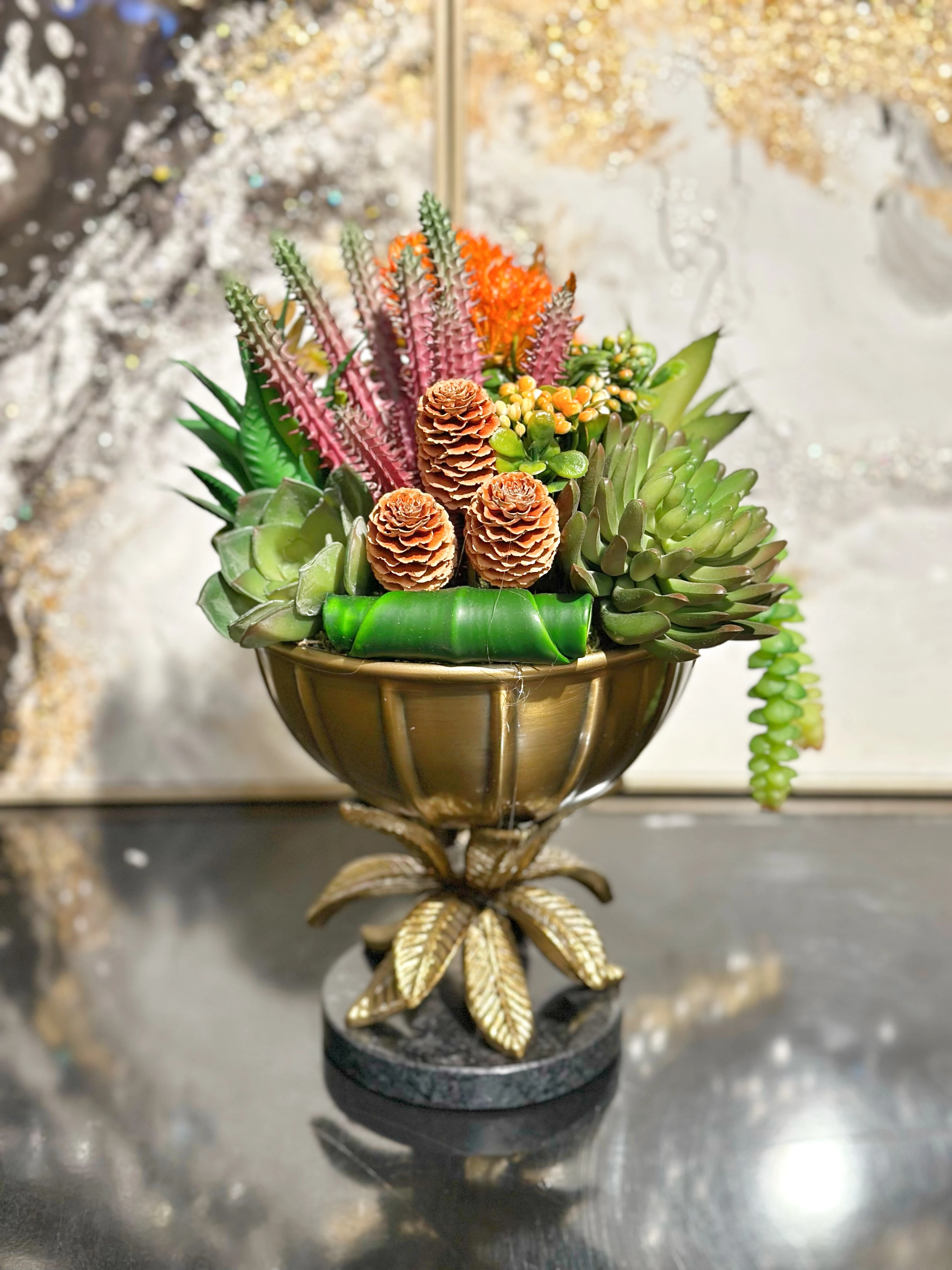 Yaprak Vazolu Sukulent Aranjmanı - Eskitme