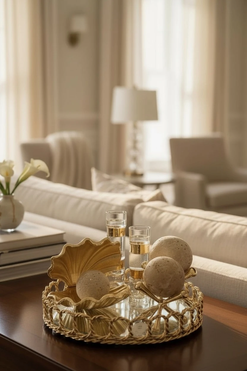 Traverten Aksesuarlı Dekoratif Aynalı Tepsi Seti - Gold